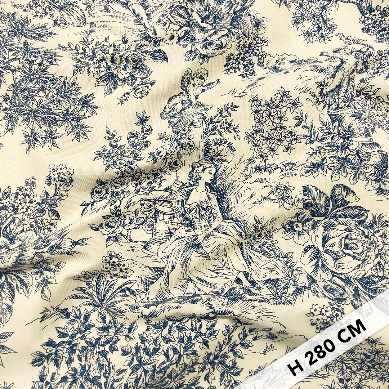 Panama Tela Toile De Jouy Azul Fondo Crema H 280 cm Image