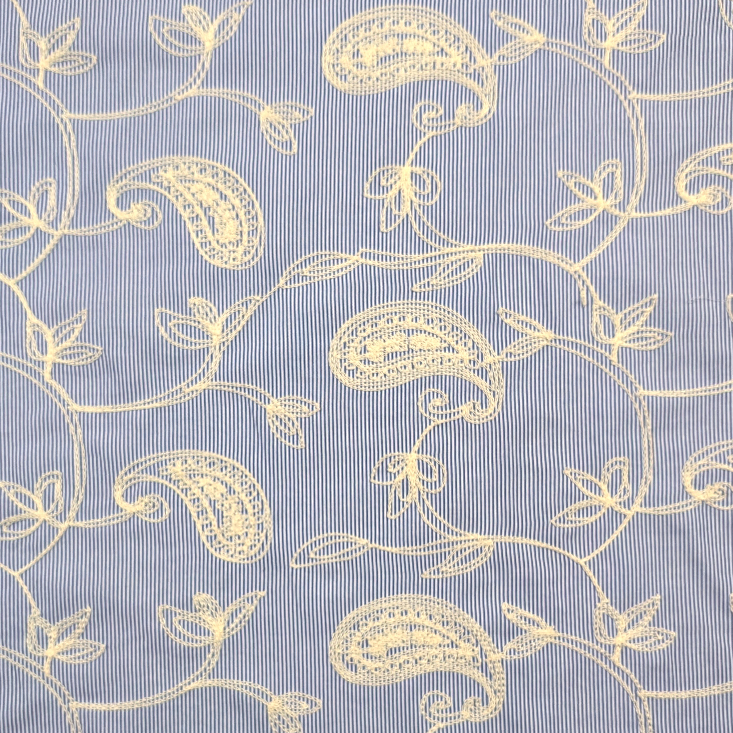 Blue Fine-Striped Cotton with Embroidered Leaves Image
