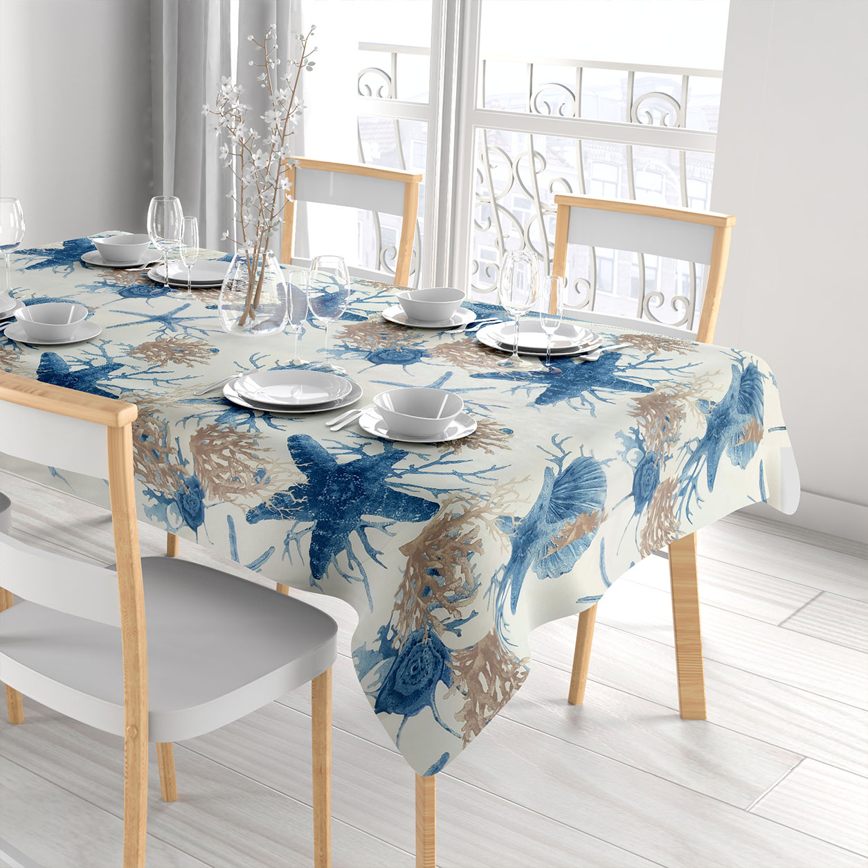 Tissu en coton avec étoiles de mer bleues et coraux Image