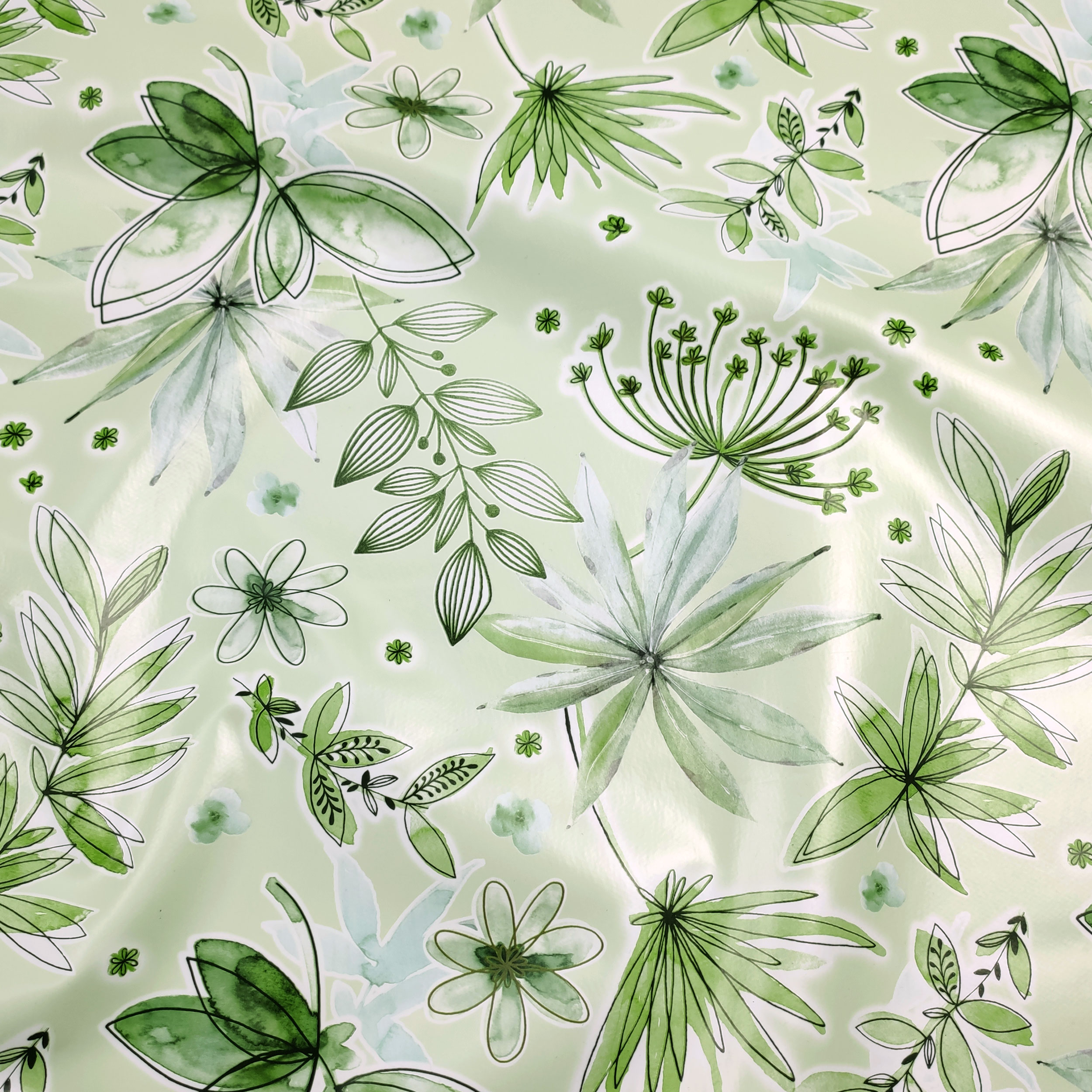 Fabric for Plasticised Tablecloth Flowers Tones of Green
