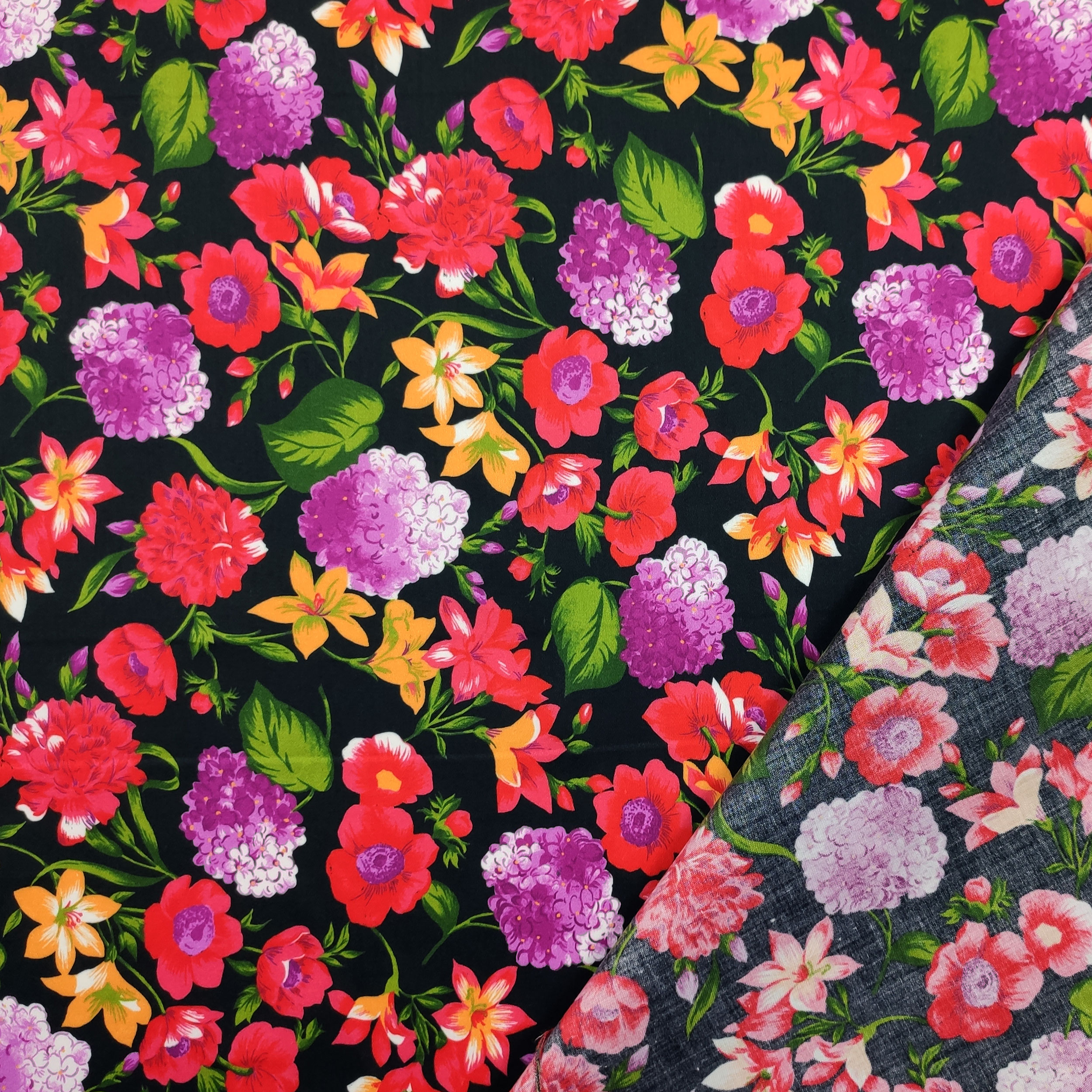 Cotton Rasatello Black Background with Red and Fuxia Flowers