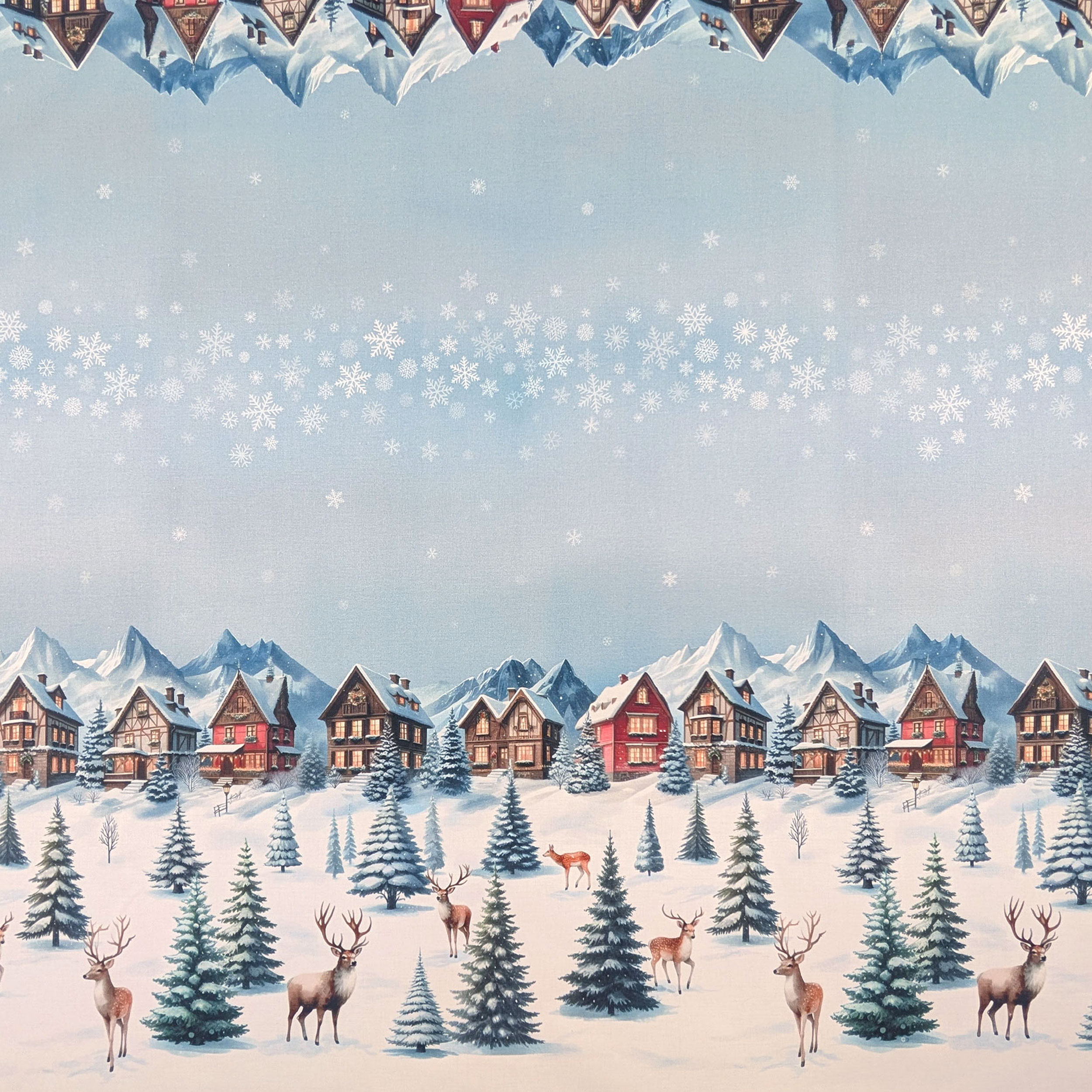 Resin Tablecloth Fabric with Snow Village Border Image