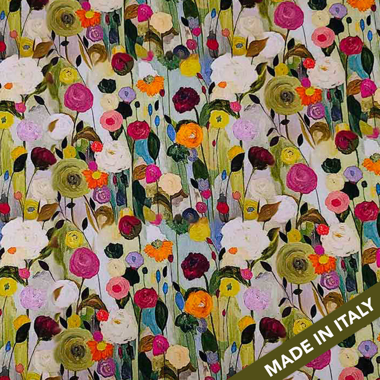 Impressionistic Floral Print Satin - Blue 