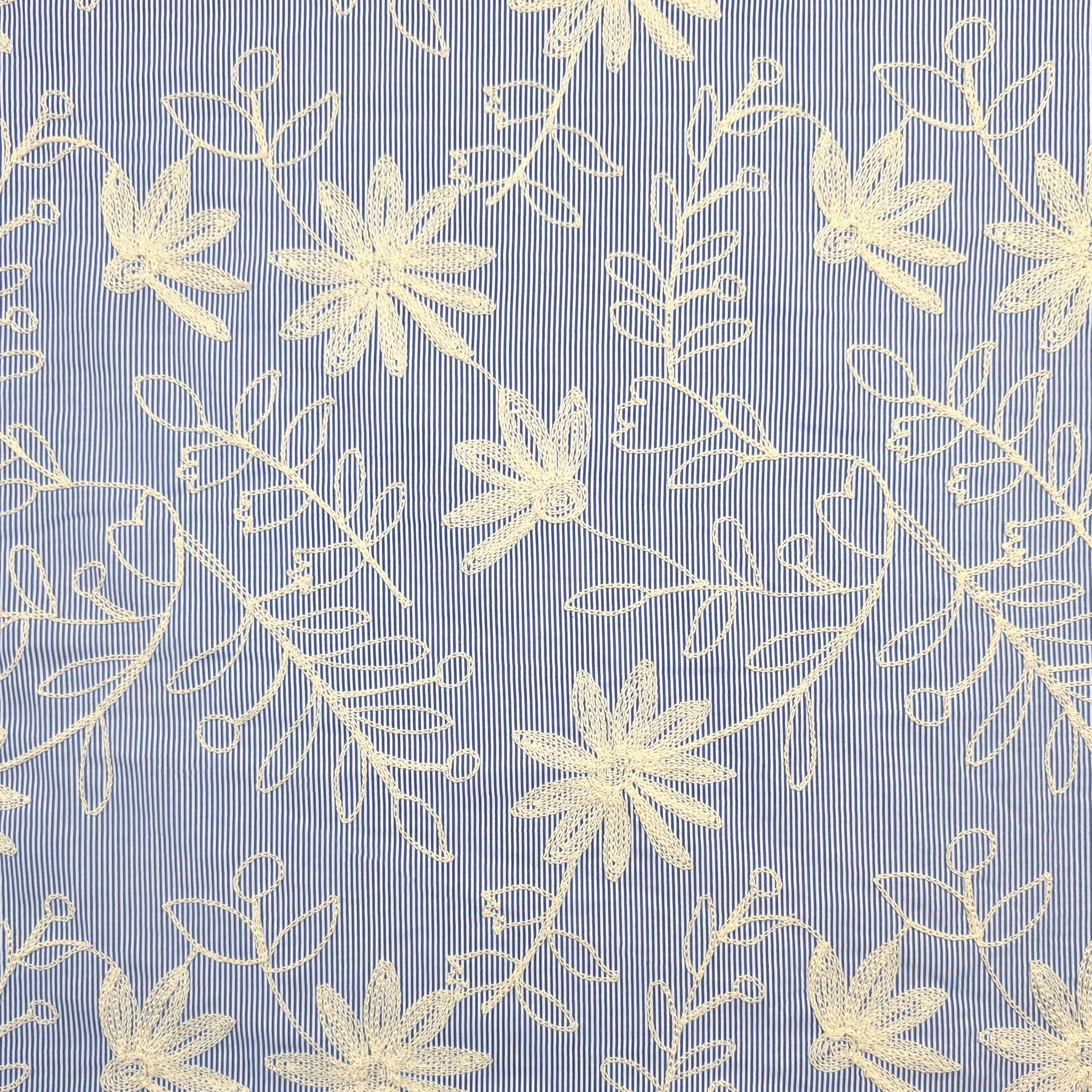 Blue Fine-Striped Cotton with Embroidered Flowers Image