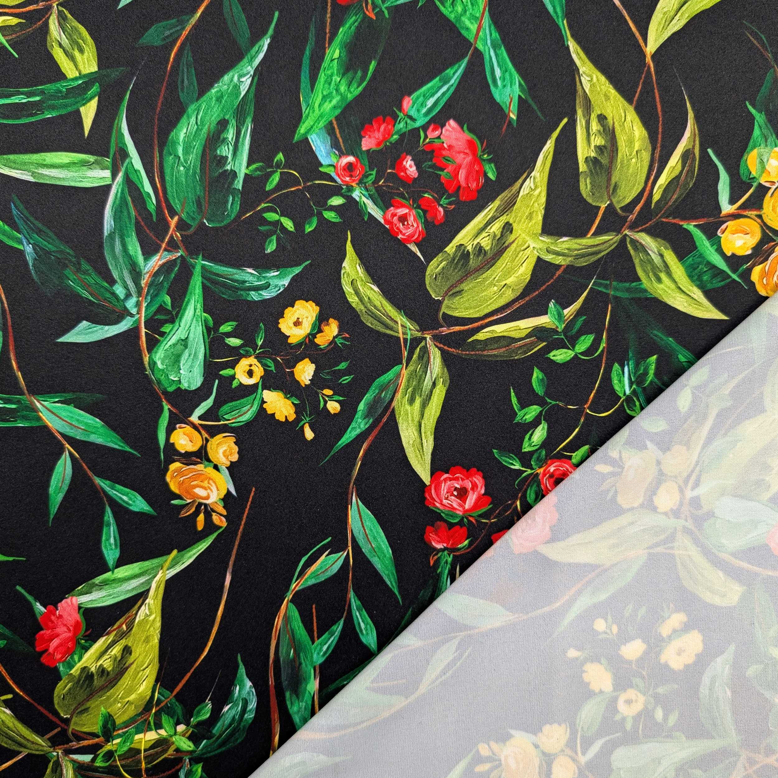 Satin de soie Haute Couture Roses et Fleurs Jaunes Image