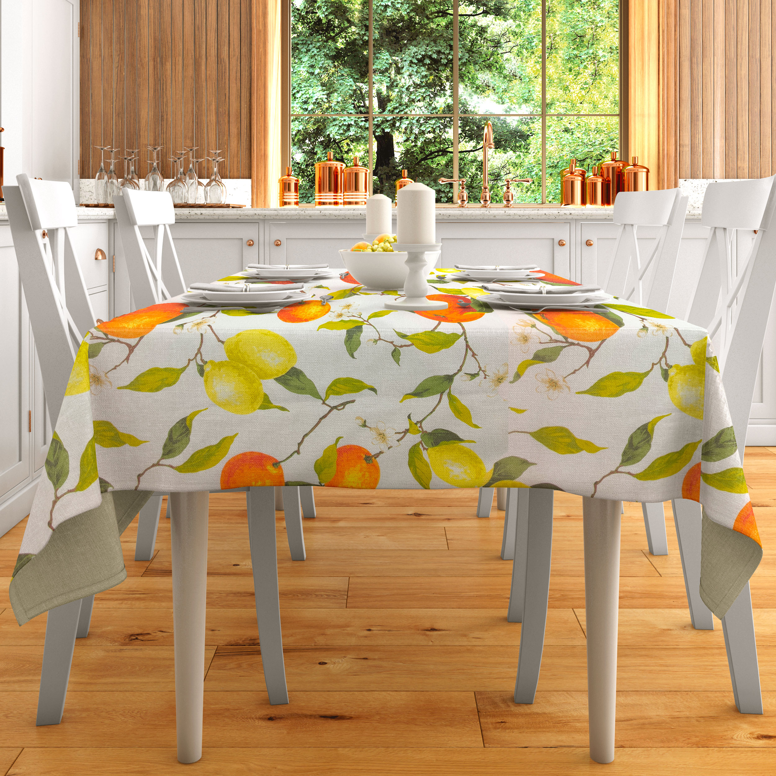Stoff für Baumwolltischdecke mit Zitronen- und Orangenfantasie