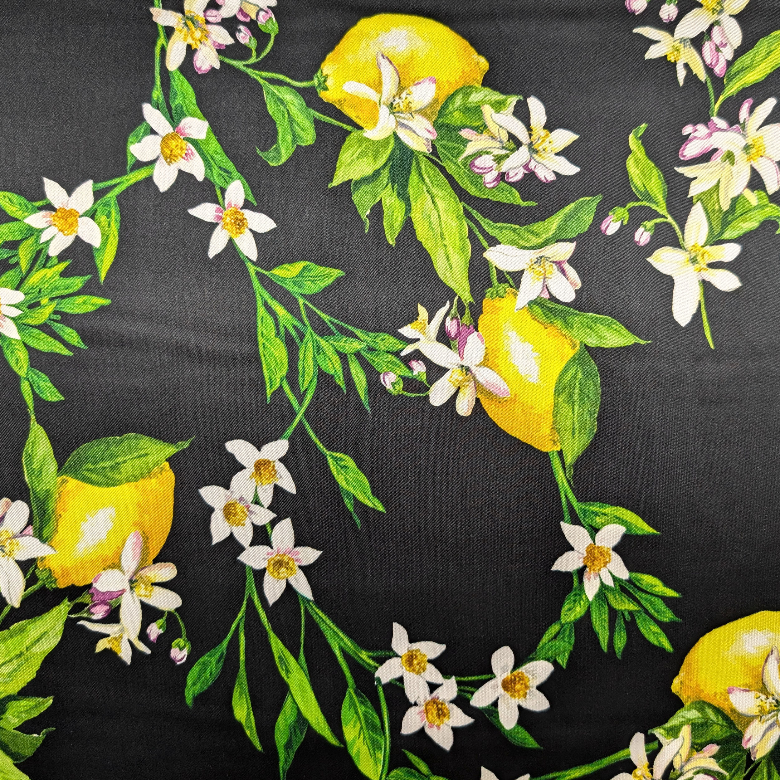 Satin Silk Viscose Natural Black Flowers and Lemons Image
