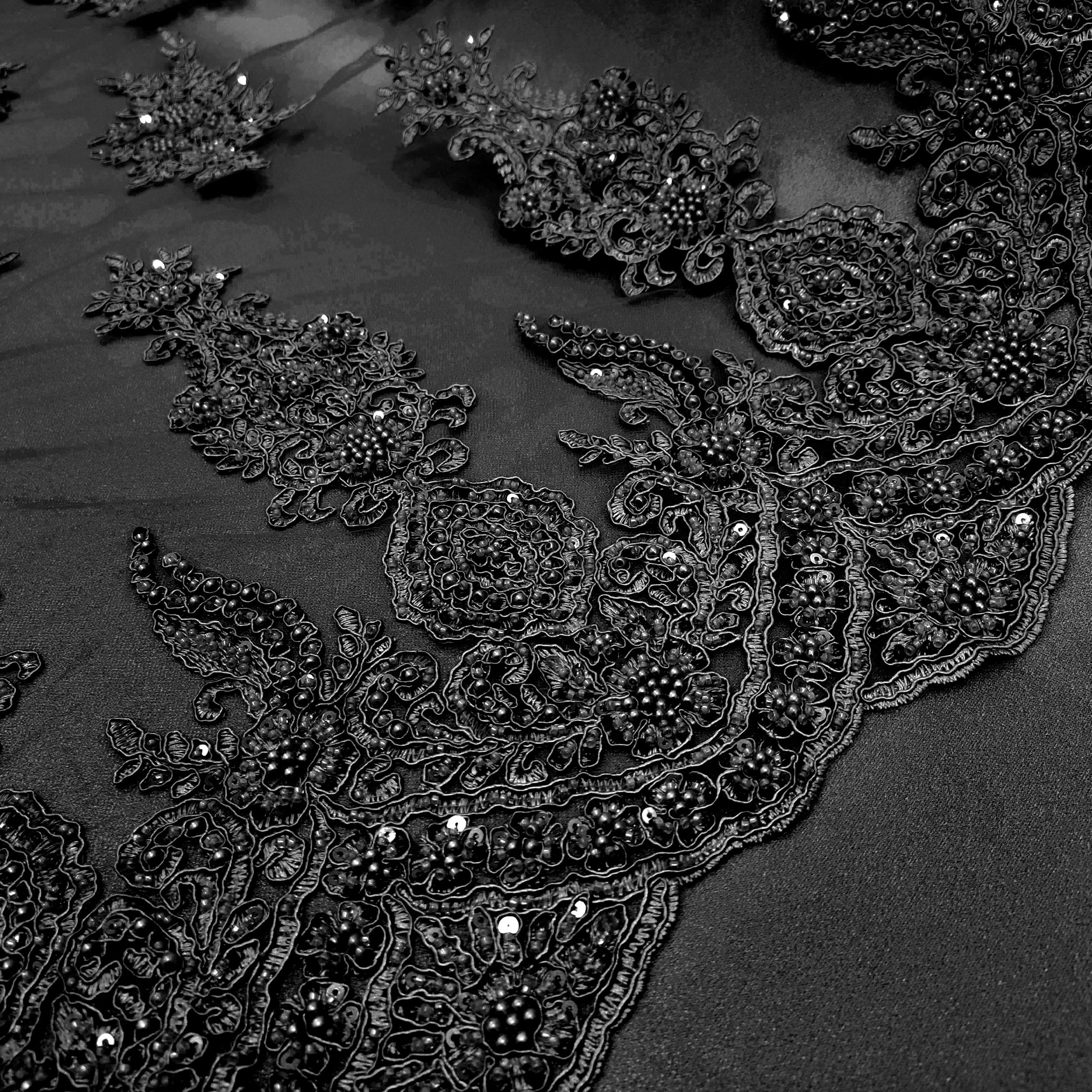 High Fashion Beaded Double Edge Floral Lace - Black