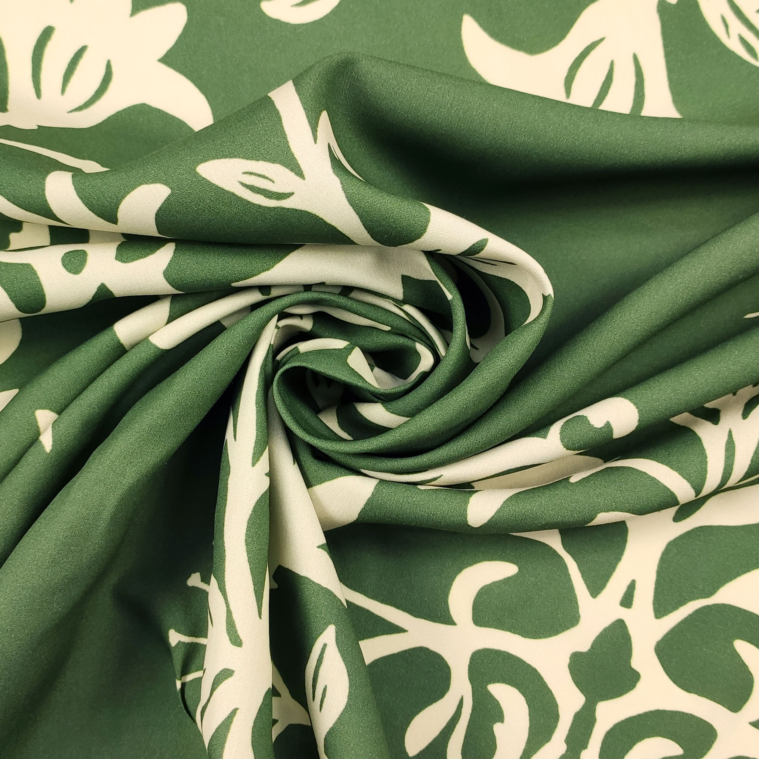Fantaisie florale verte Satin de coton crème