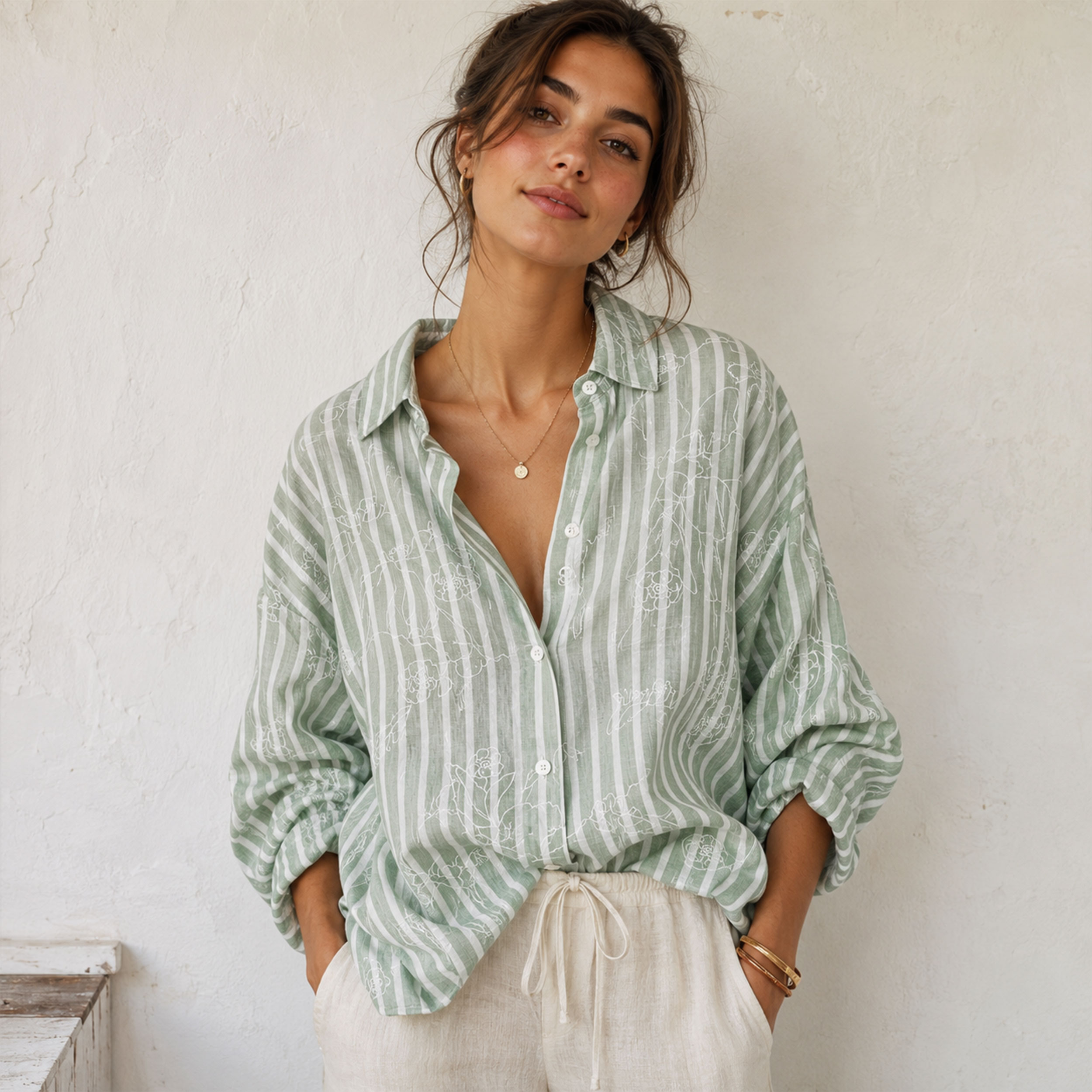 Mixed Linen Green and White Stripes with Flowers Image