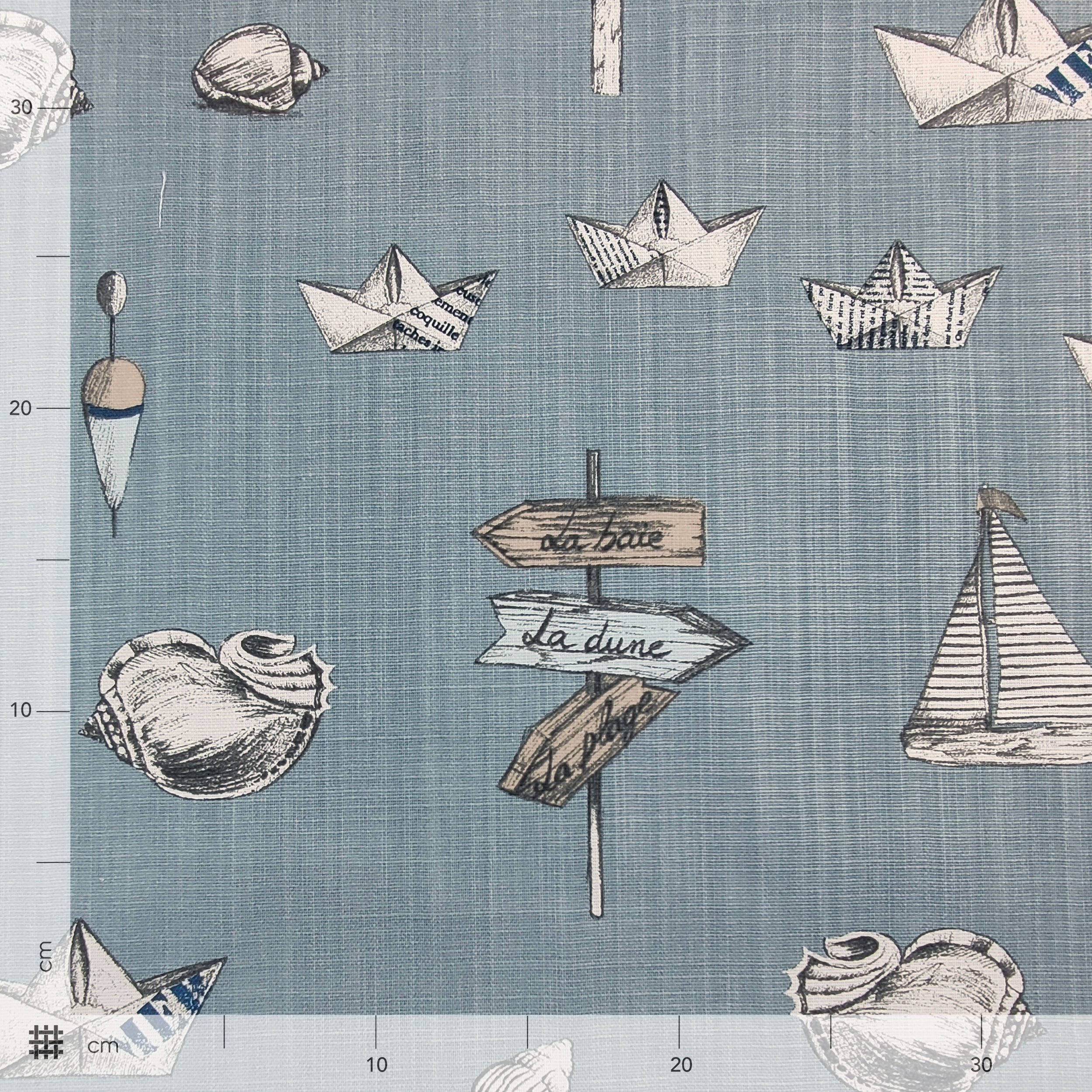 Baumwolle und Leinen Boote und Muscheln Celeste Hintergrund
