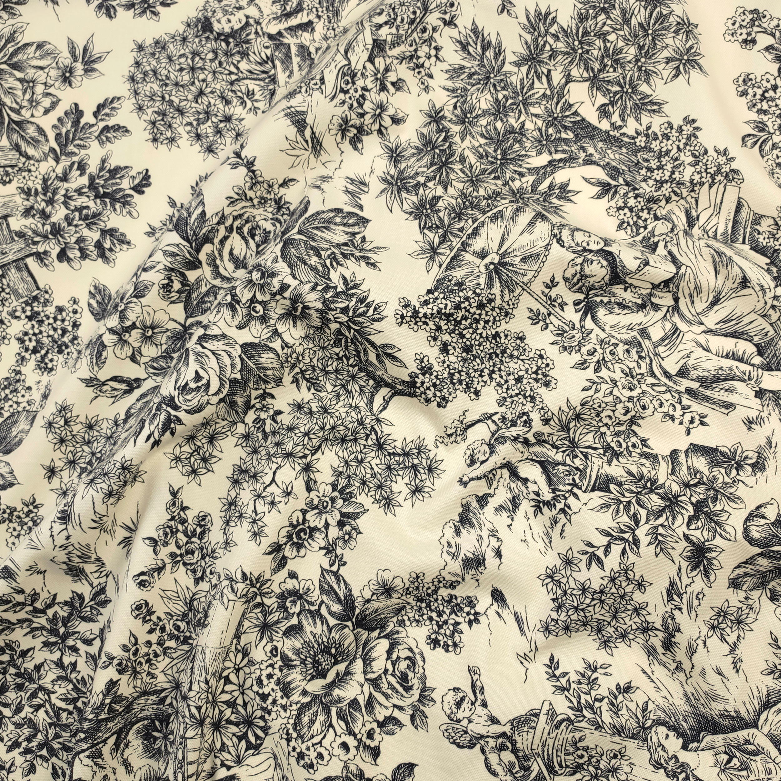 Panama Fabric Toile De Jouy Black Cream Background