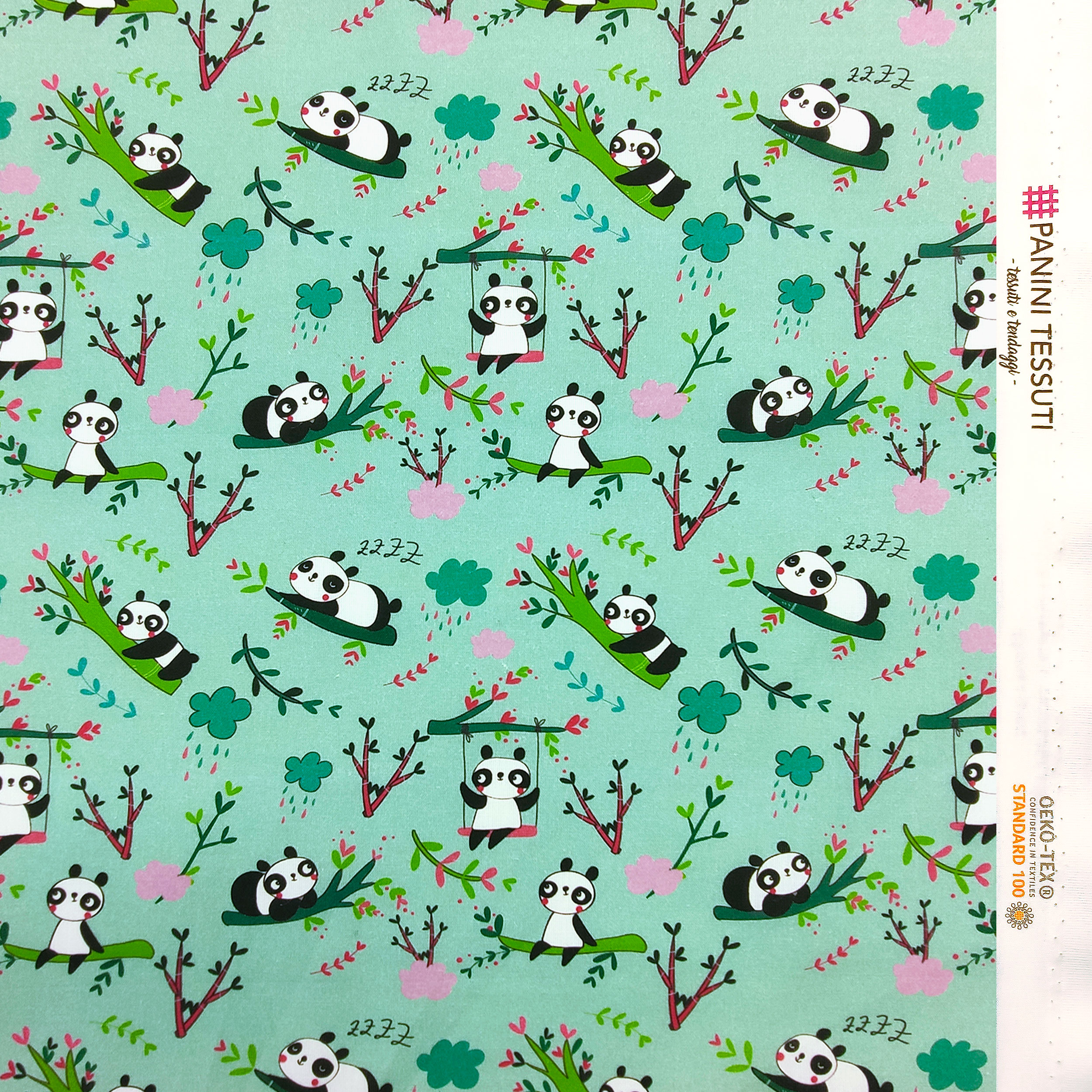 Panda en coton découpé petit fond vert menthe - Panini Fabrics 50x145 cm Image