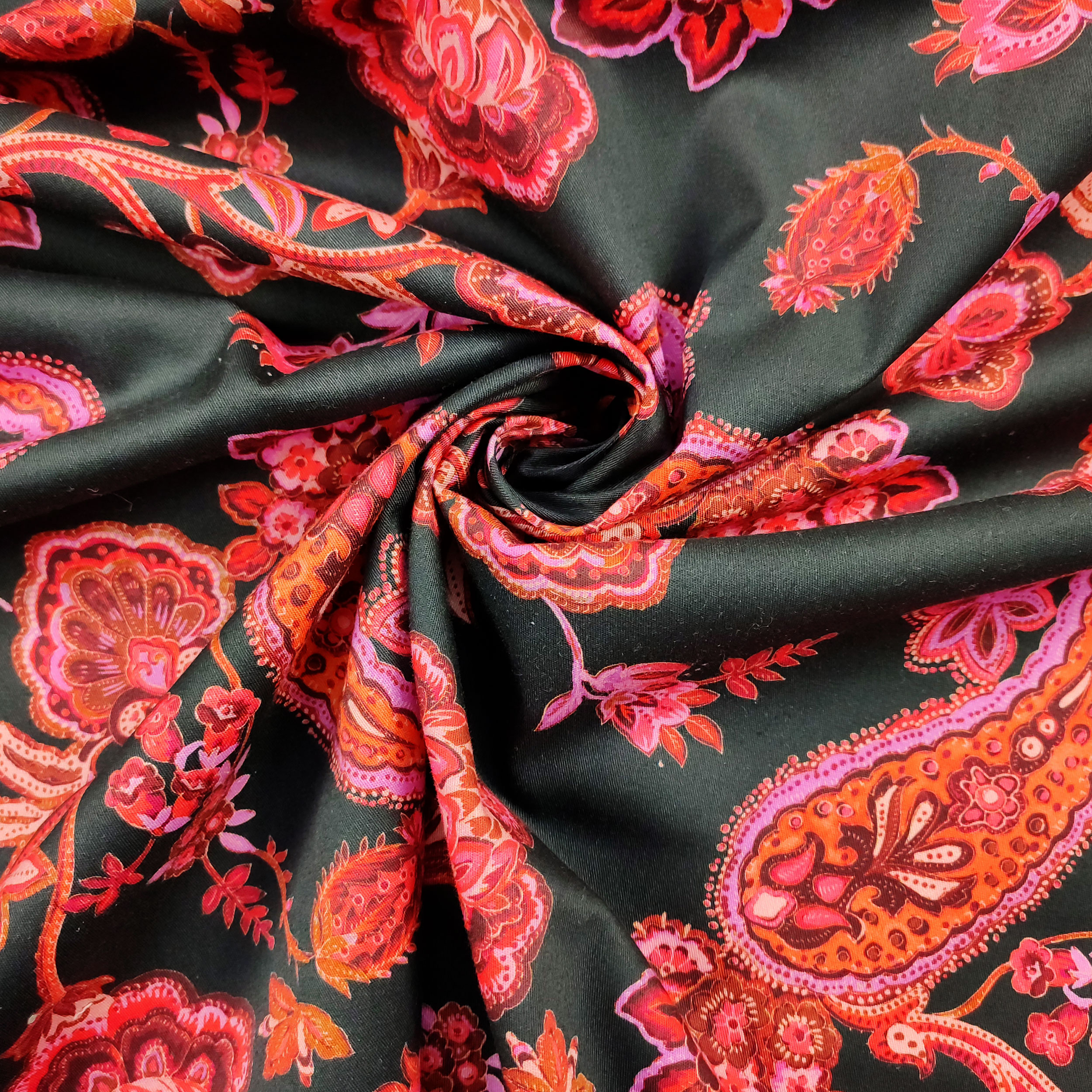Cotton Black Cashmere Pattern Pink Tones