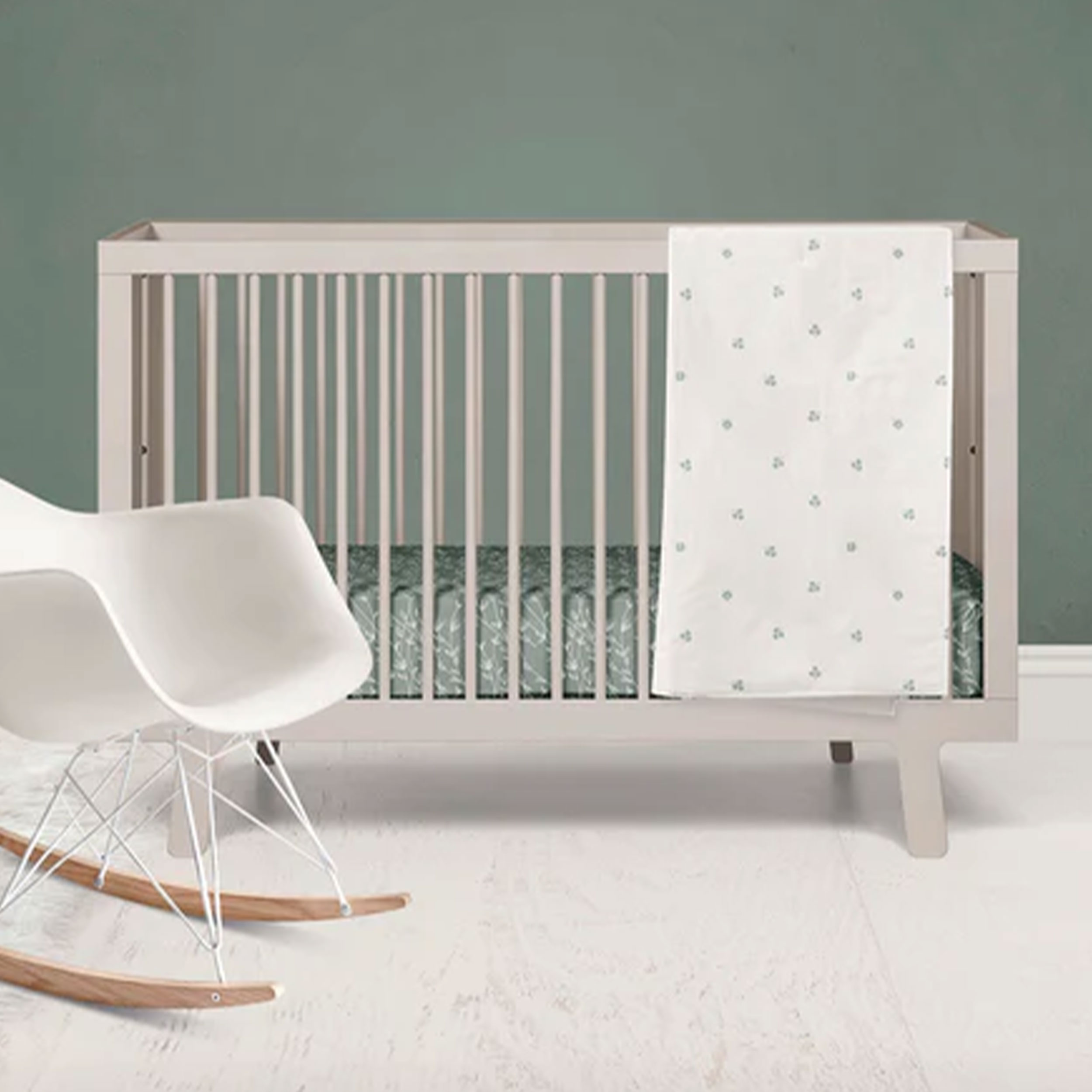 Sage Cotton Poplin with Branches and White Leaves