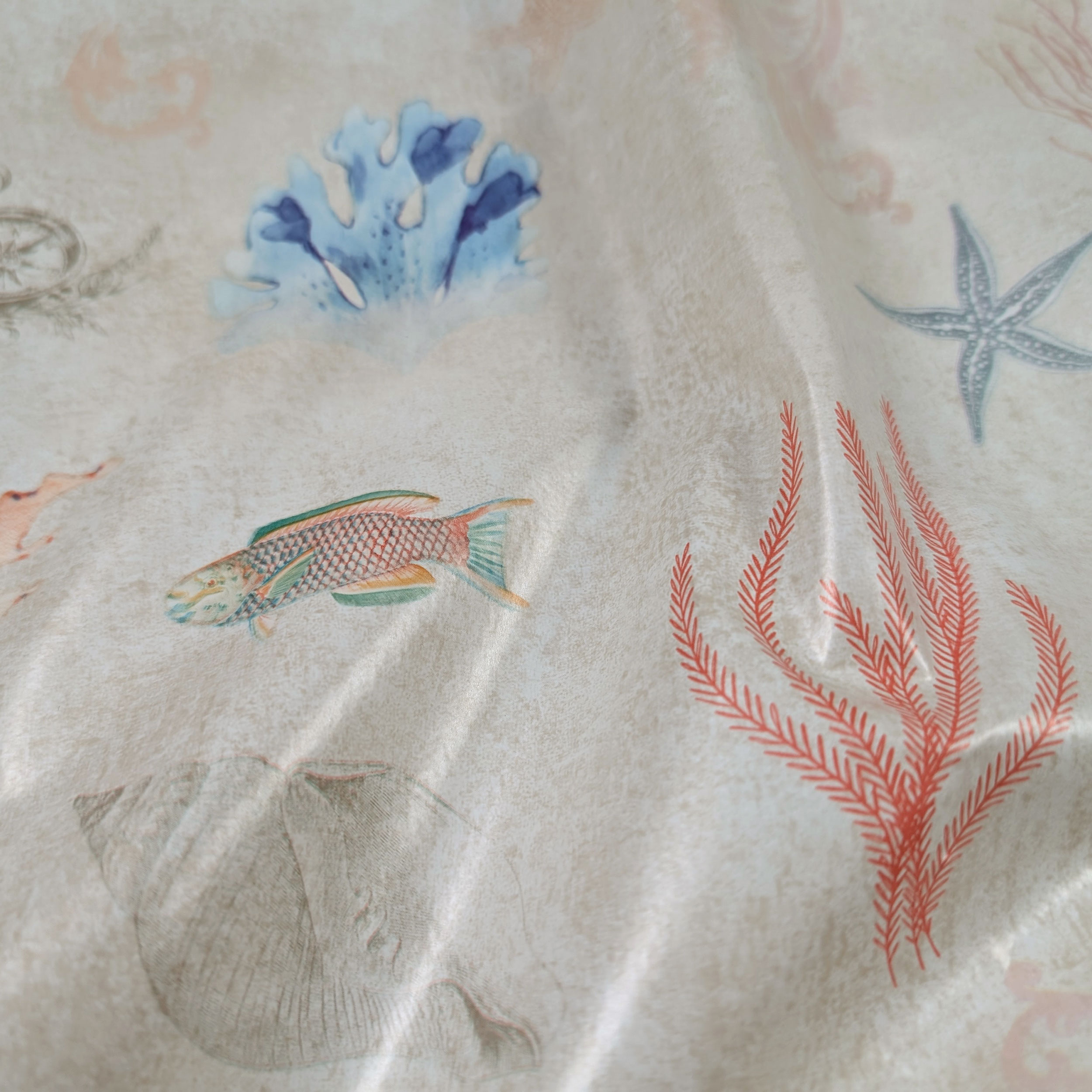 Fish and Shells Patterned Plasticised Tablecloth Fabric Image