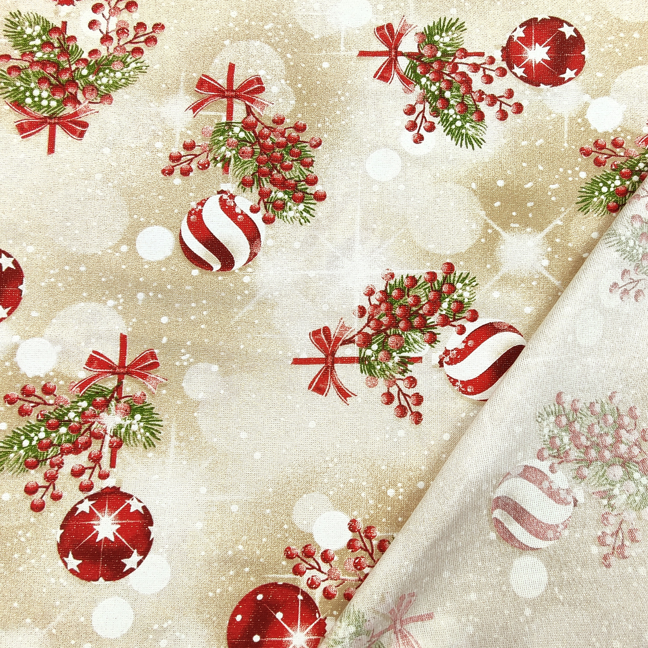 Tissu Lurex doré avec boules de Noël Image