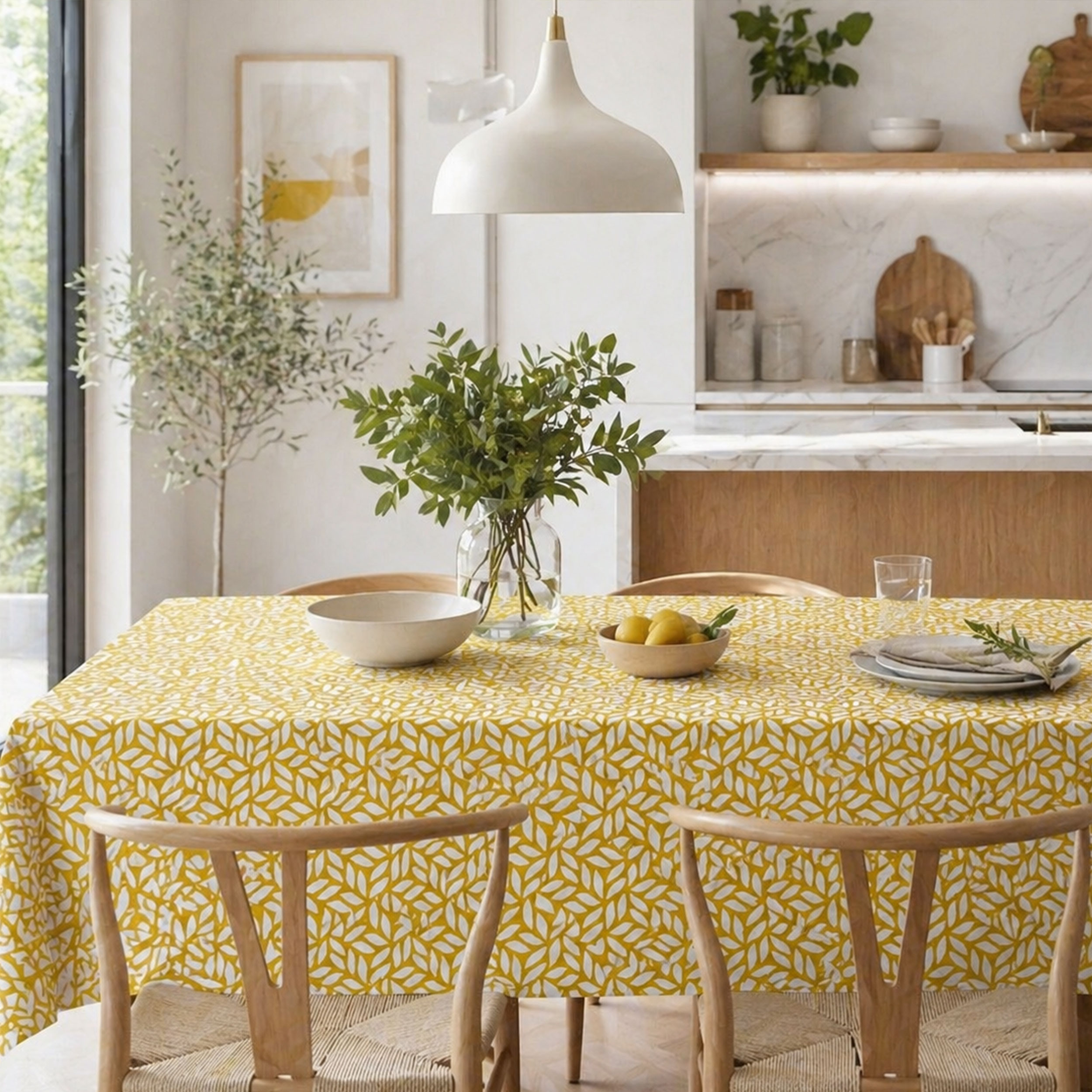 Enduite Tablecloth Fabric Stain-Free Mustard Abstract Leaves Image