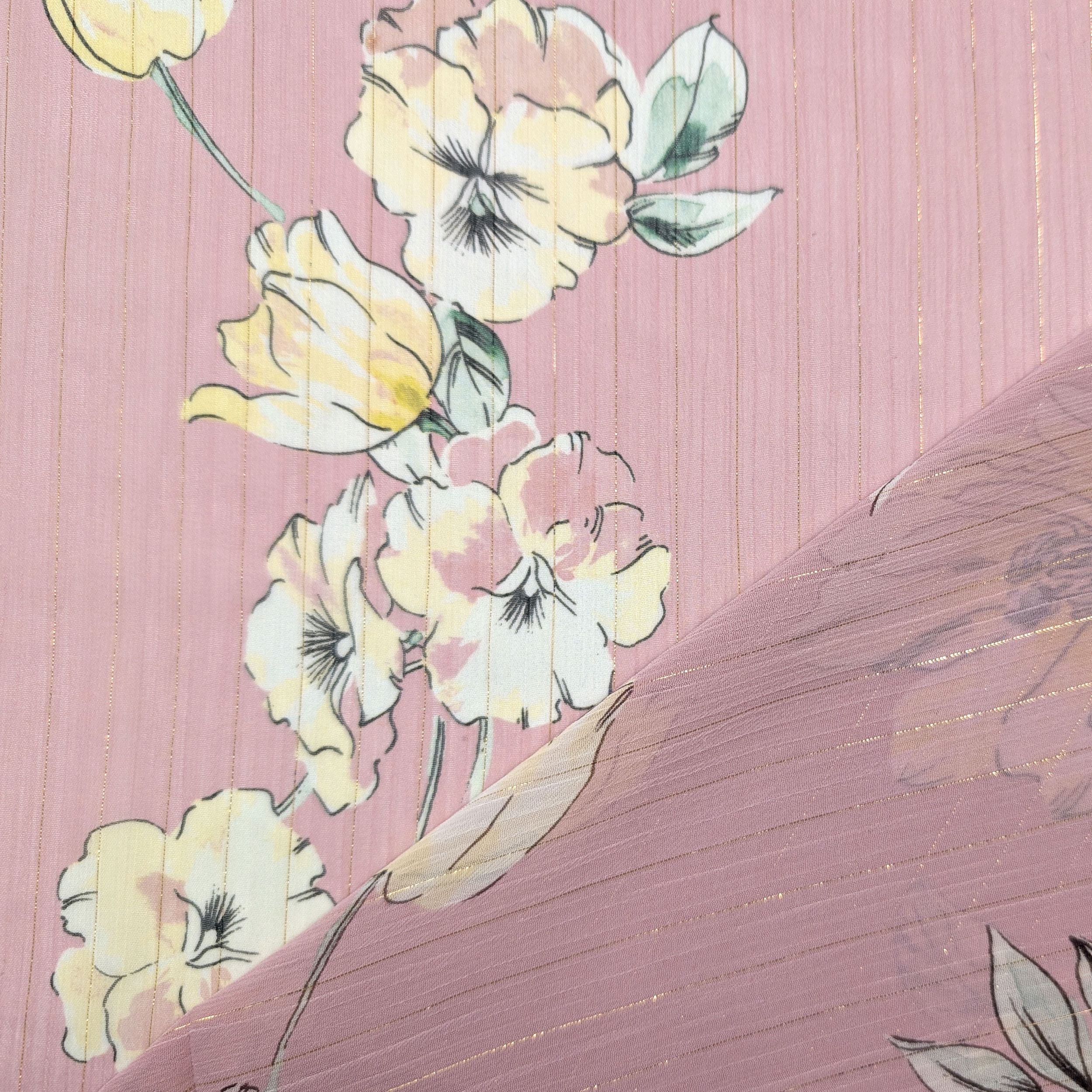Chiffon Lurex Flowers and Stripes Pink Background Image