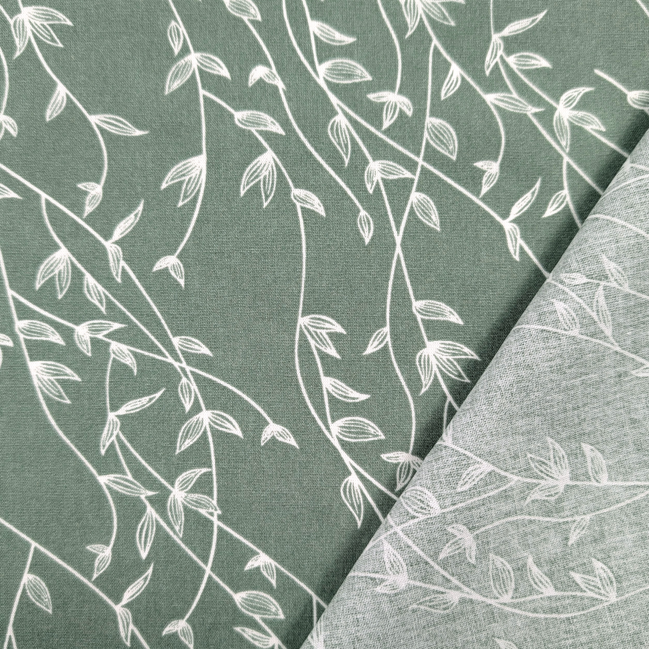Sage Cotton Poplin with Branches and White Leaves