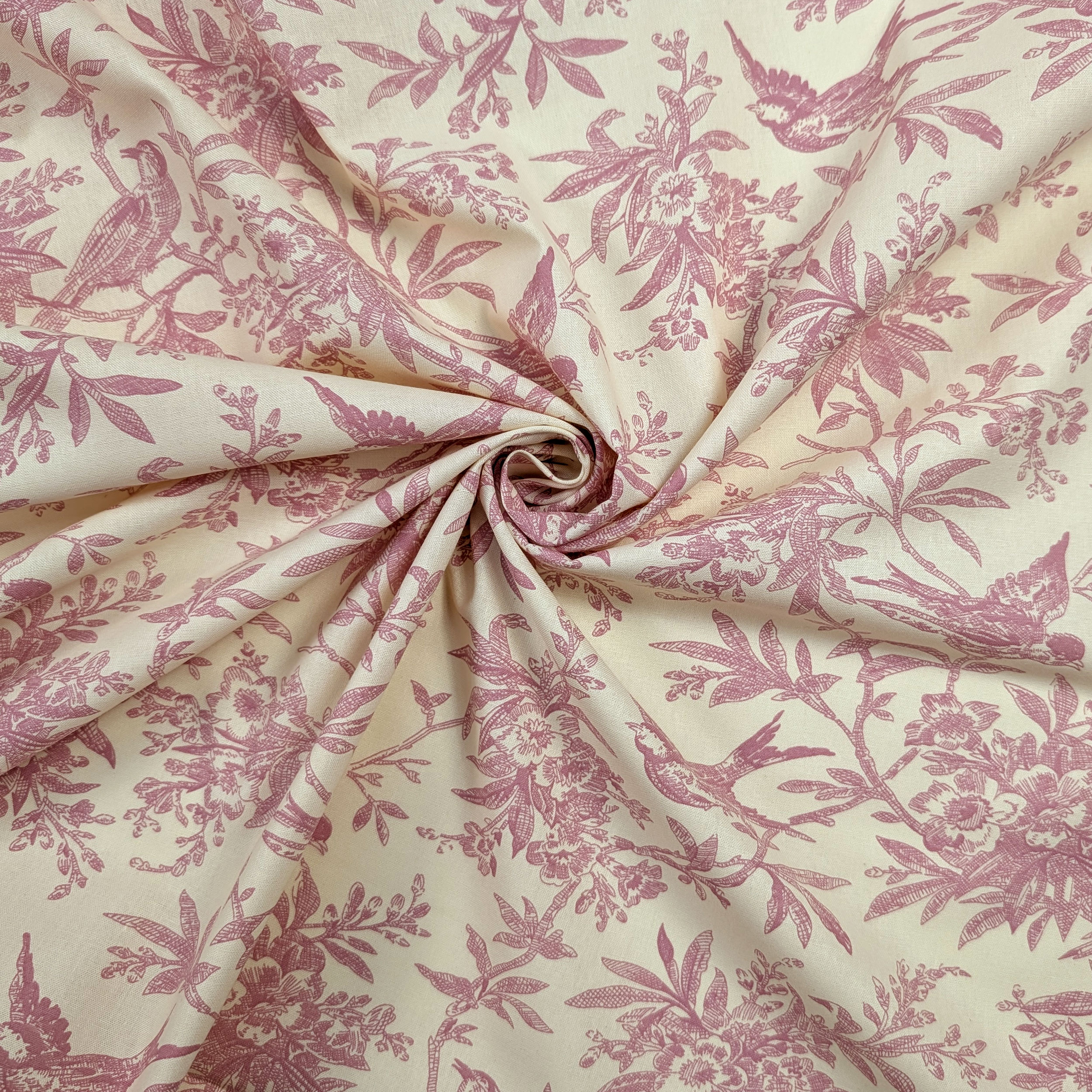 Vintage-print cotton poplin with pink birds and branches Image