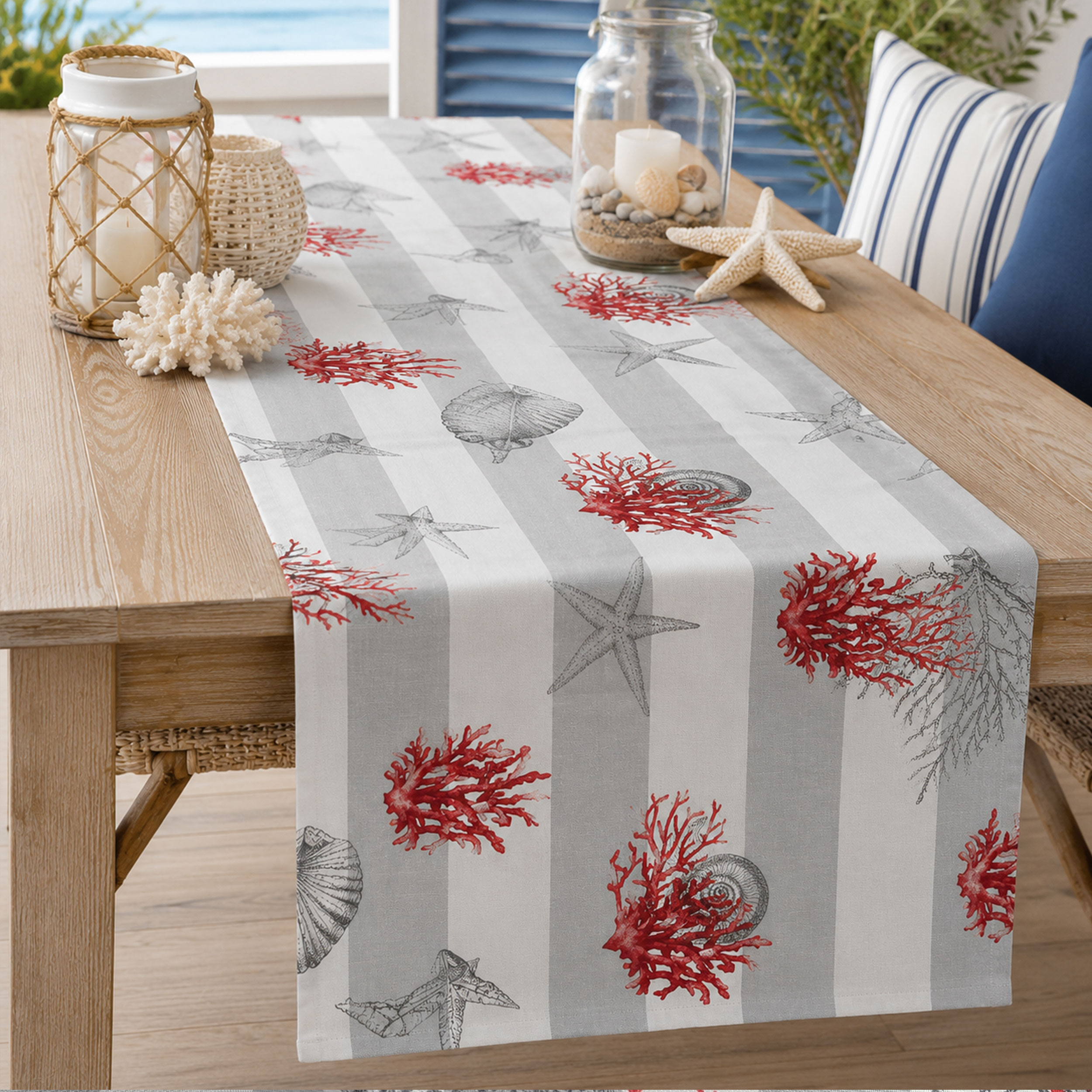 Panama Fabric White Grey Stripes Red Shells Image