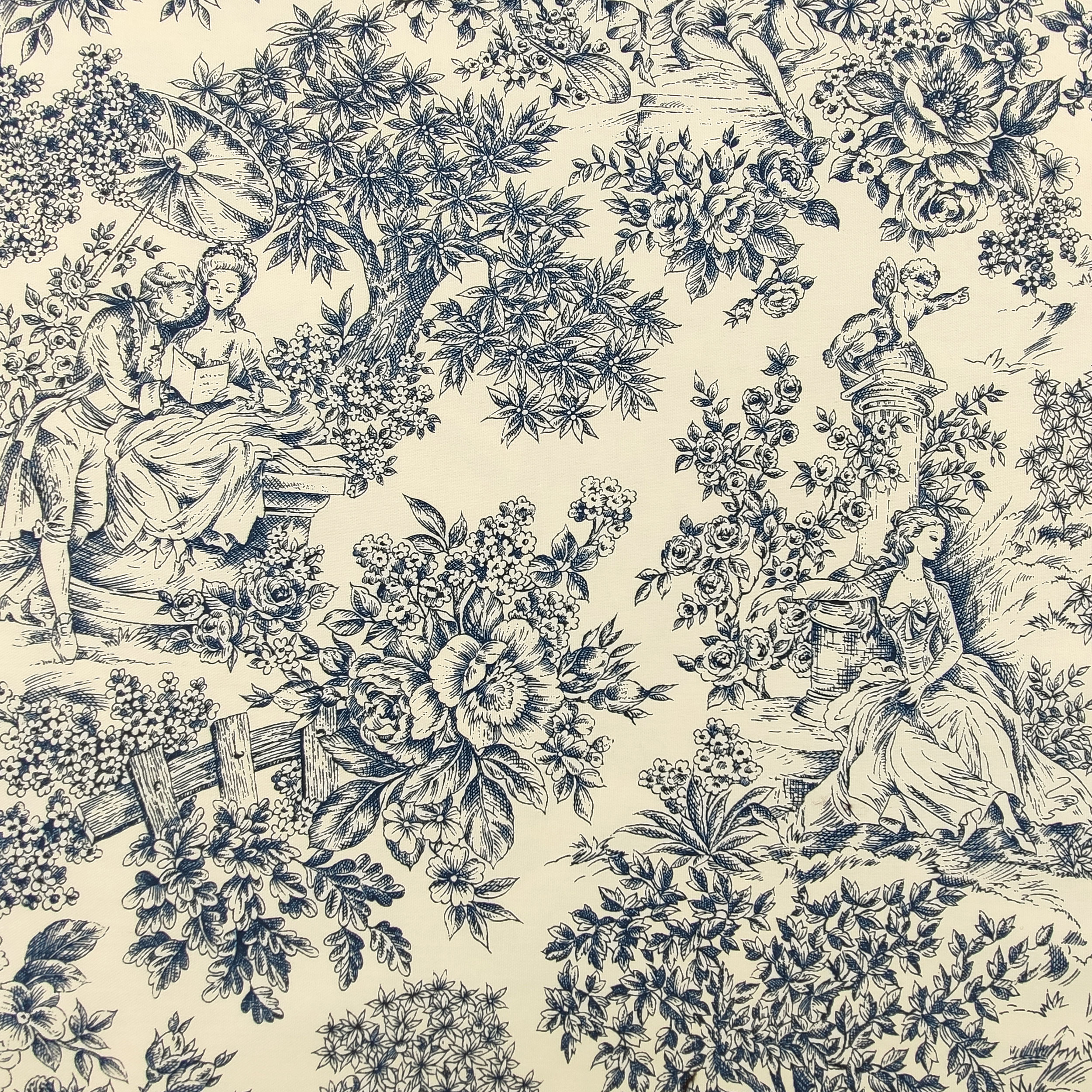 Panama Fabric Toile De Jouy Fond Bleu Crème
