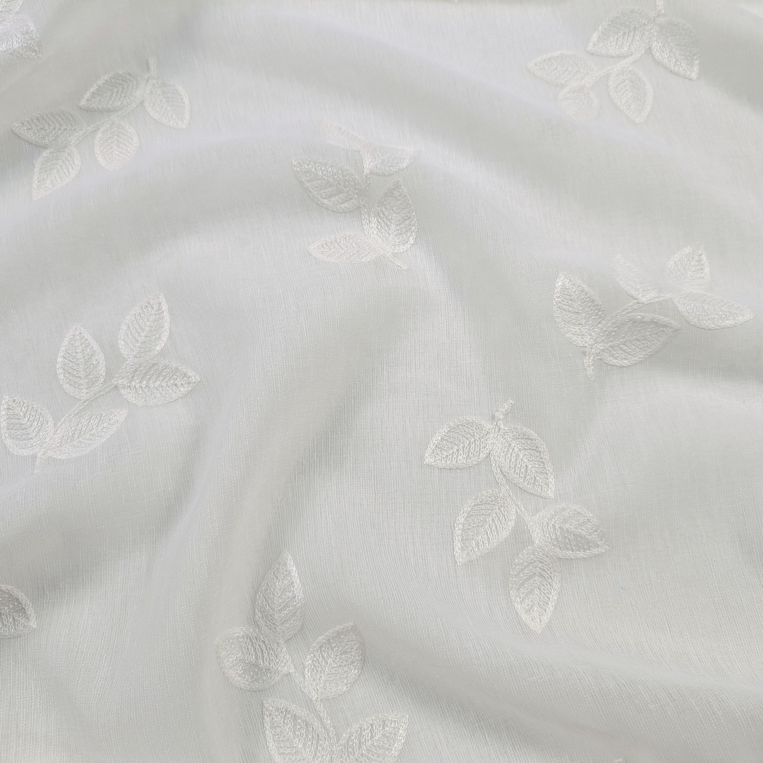 Embroidered Leaf Curtain Fabric White Image