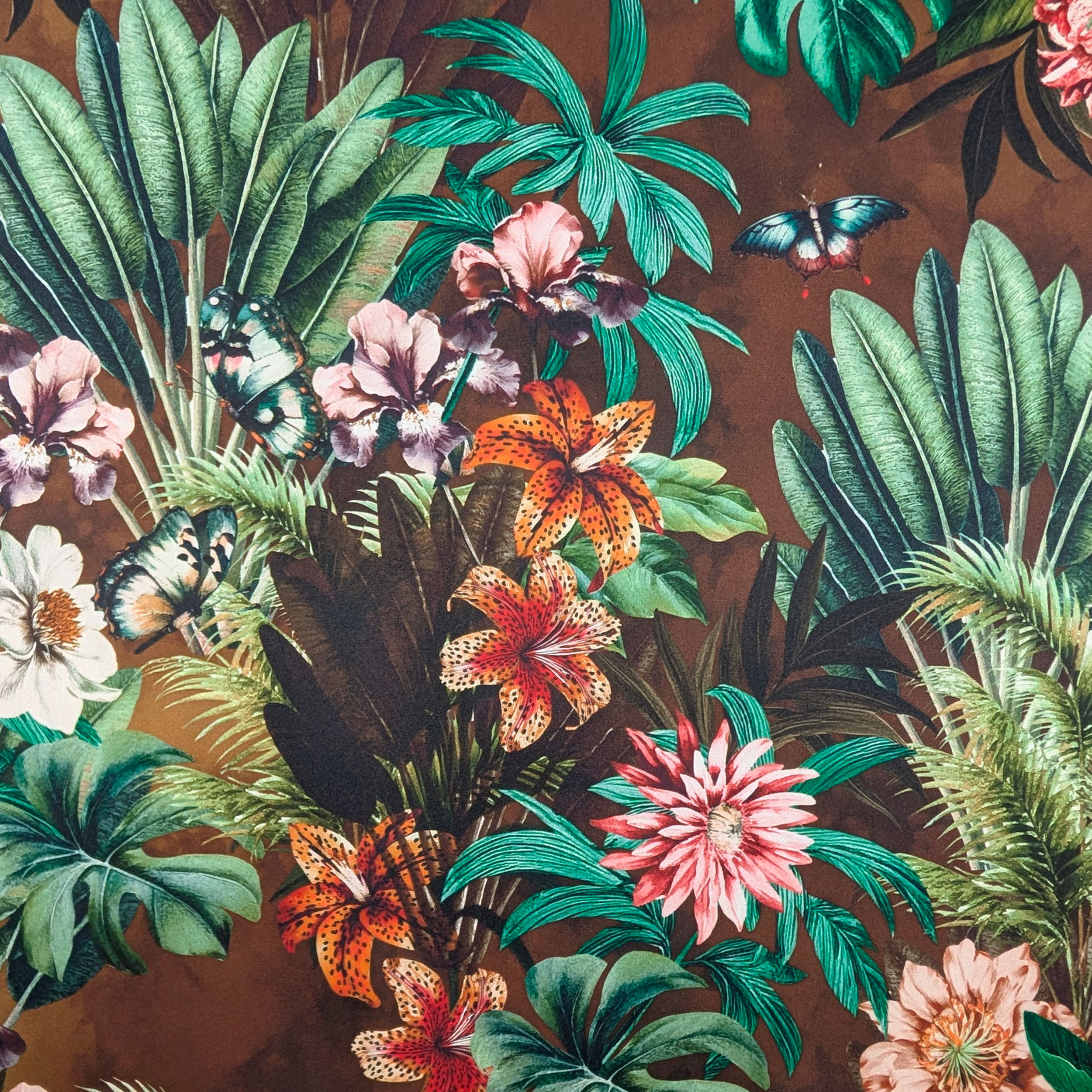 Satin Set High Fashion Brown Tropical Flowers and Leaves Image