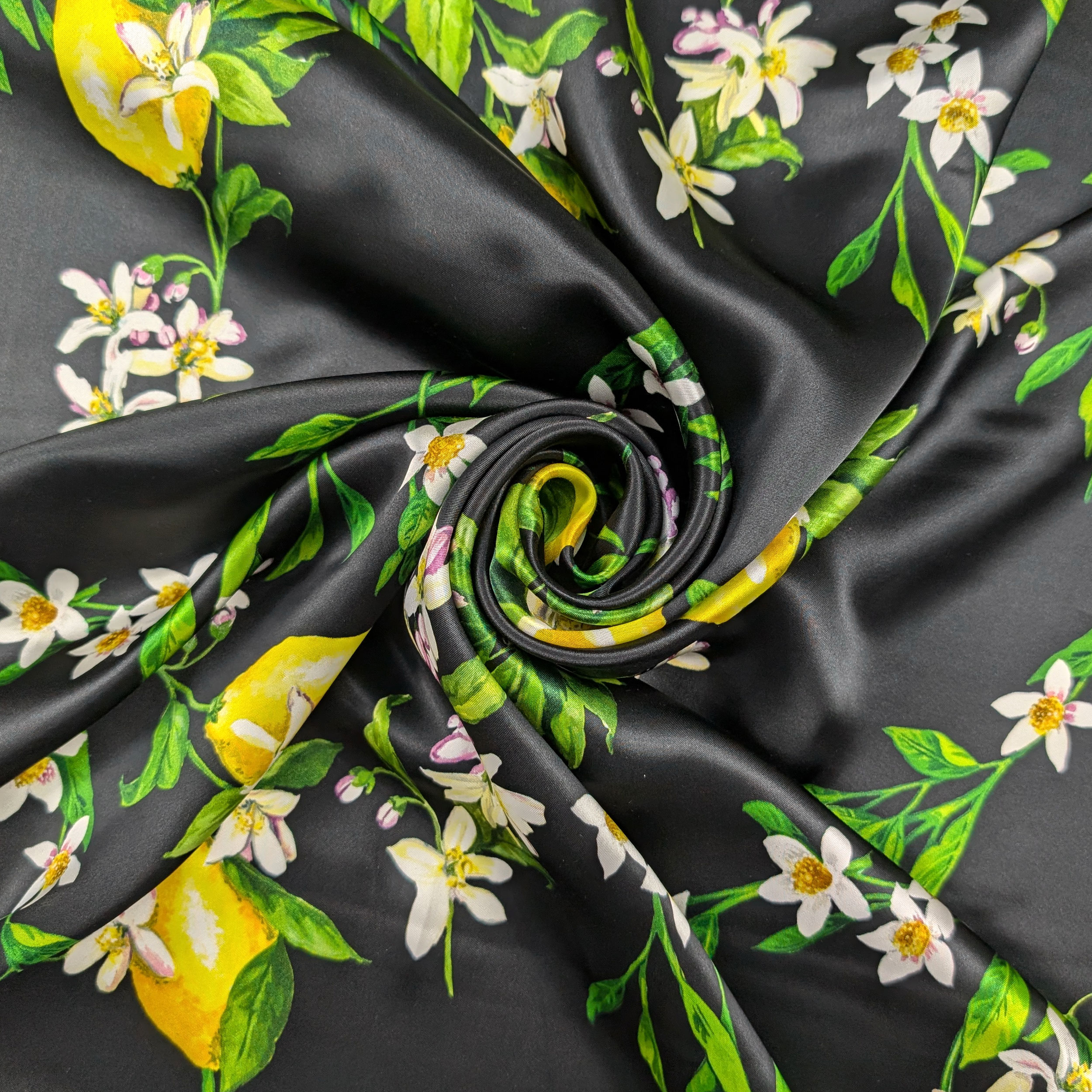 Satin Silk Viscose Natural Black Flowers and Lemons Image