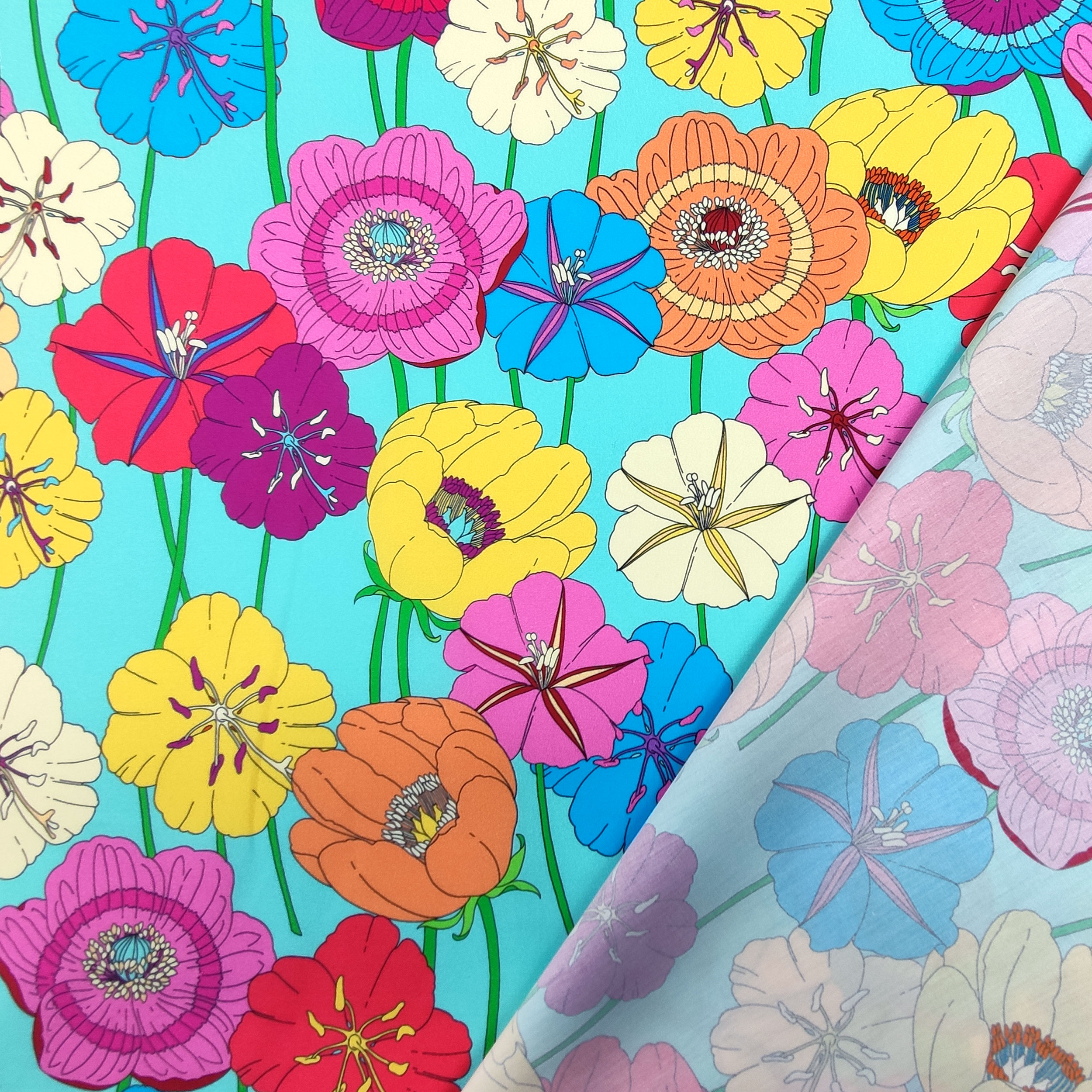 Cotton Coloured Flowers Turquoise Background
