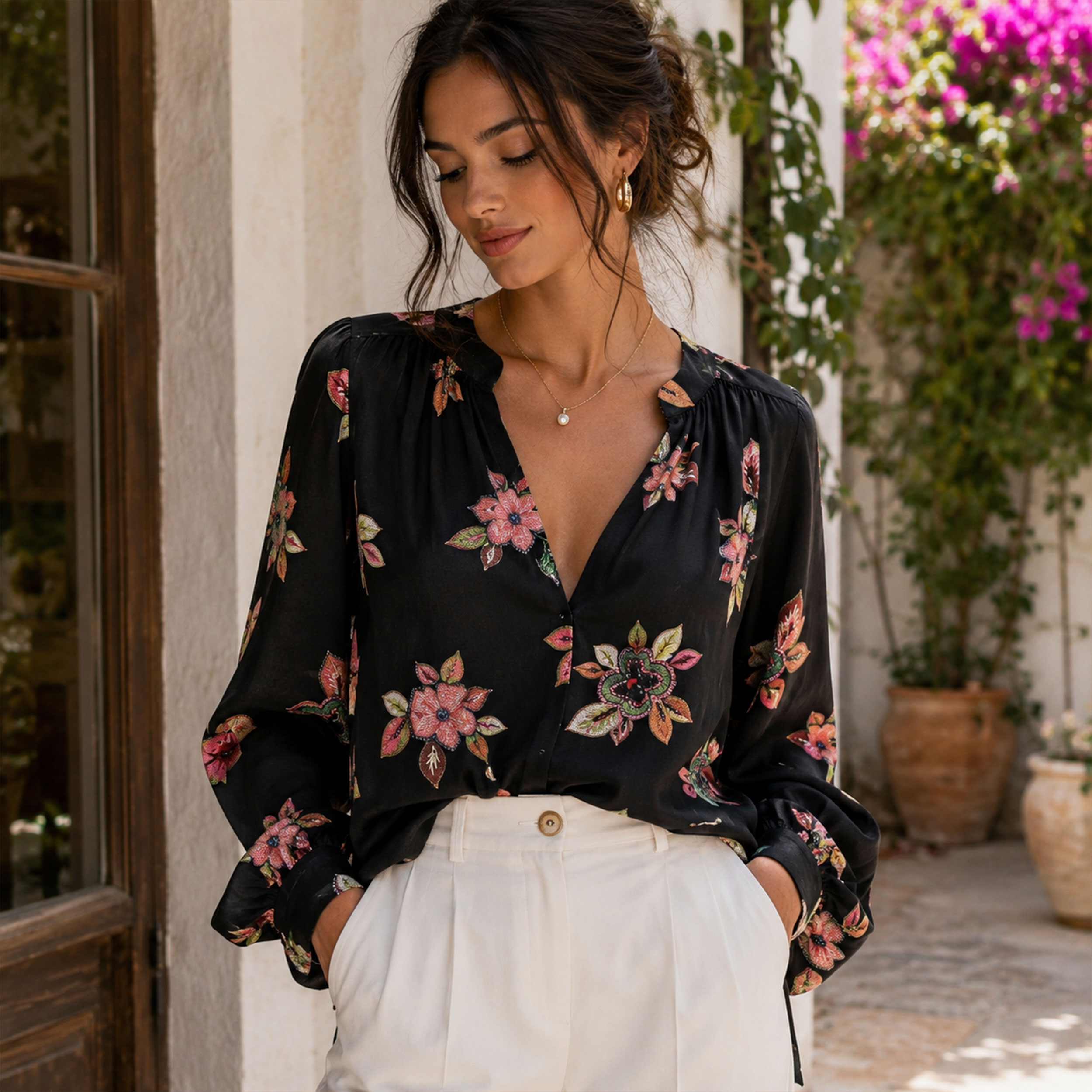 Crepe Silk High Fashion Black with Flowers Image