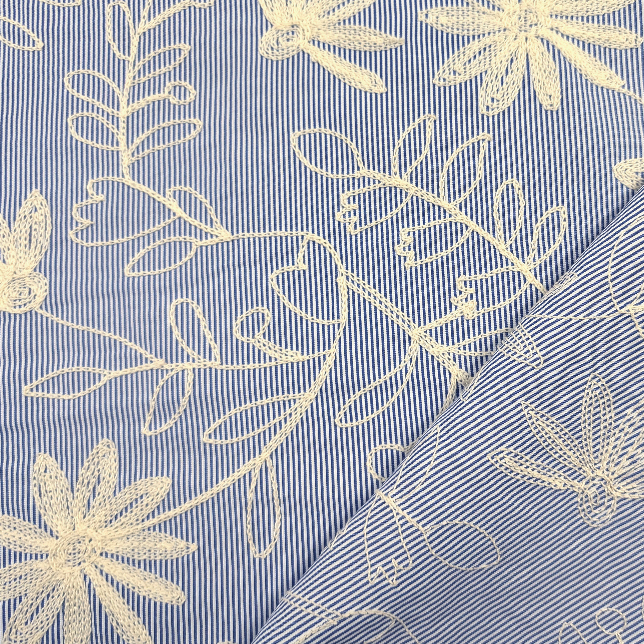 Blue Fine-Striped Cotton with Embroidered Flowers Image