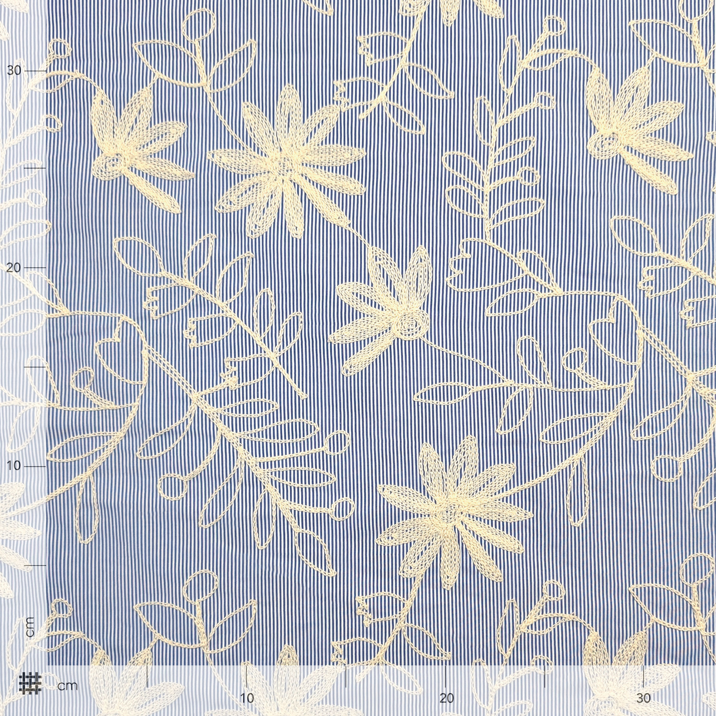 Blue Fine-Striped Cotton with Embroidered Flowers Image