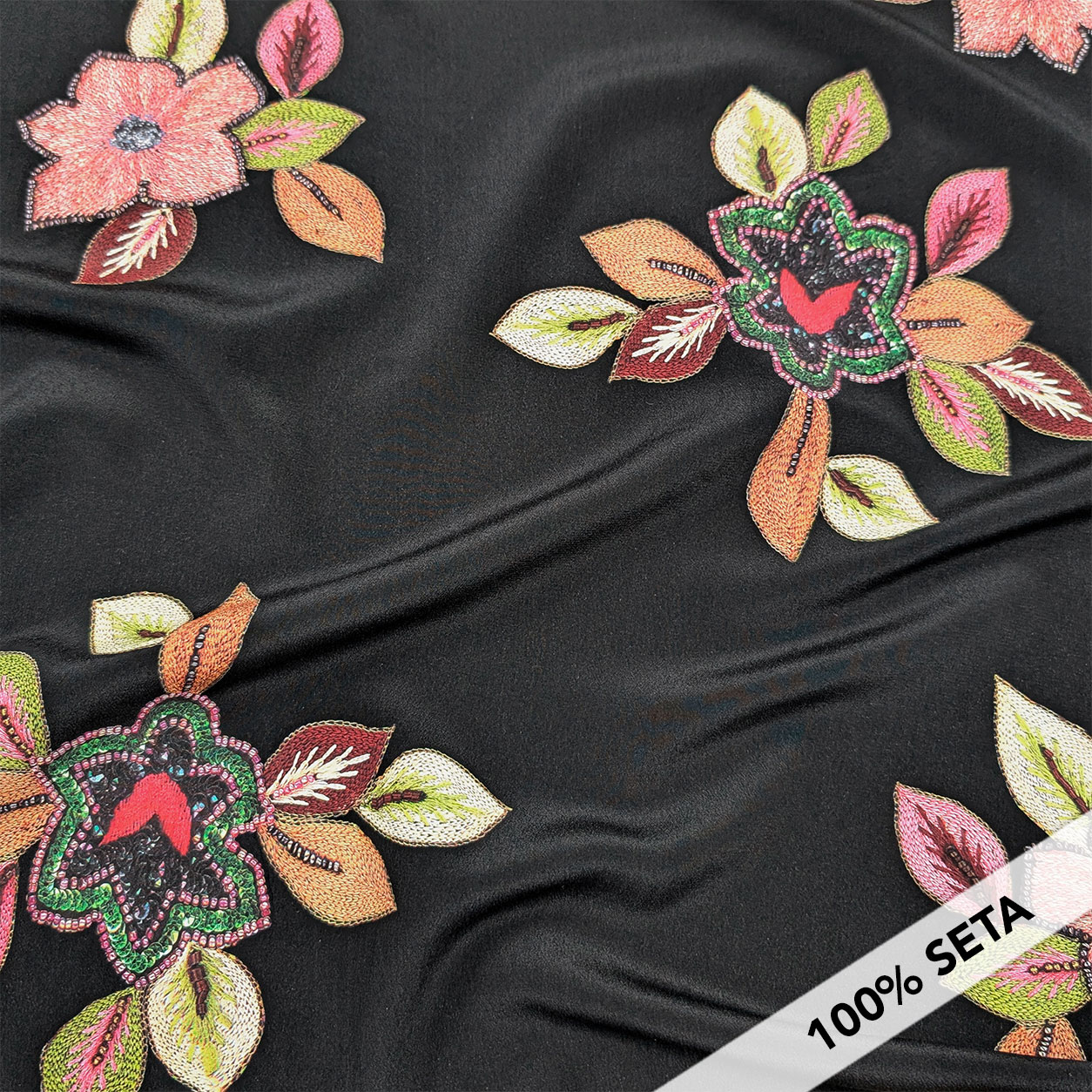 Crepe Silk High Fashion Black with Flowers Image