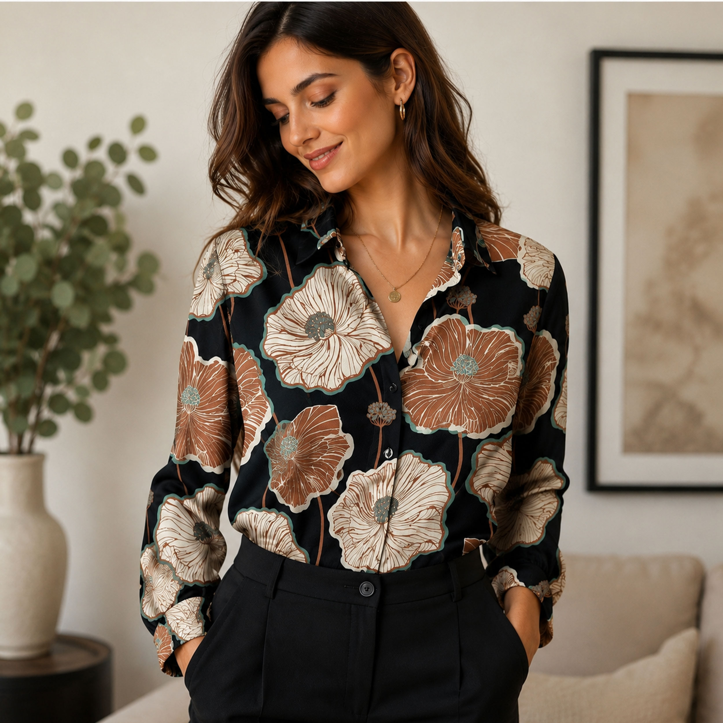 Rasettto mit braunen und cremefarbenen Blumen auf schwarzem Hintergrund Image