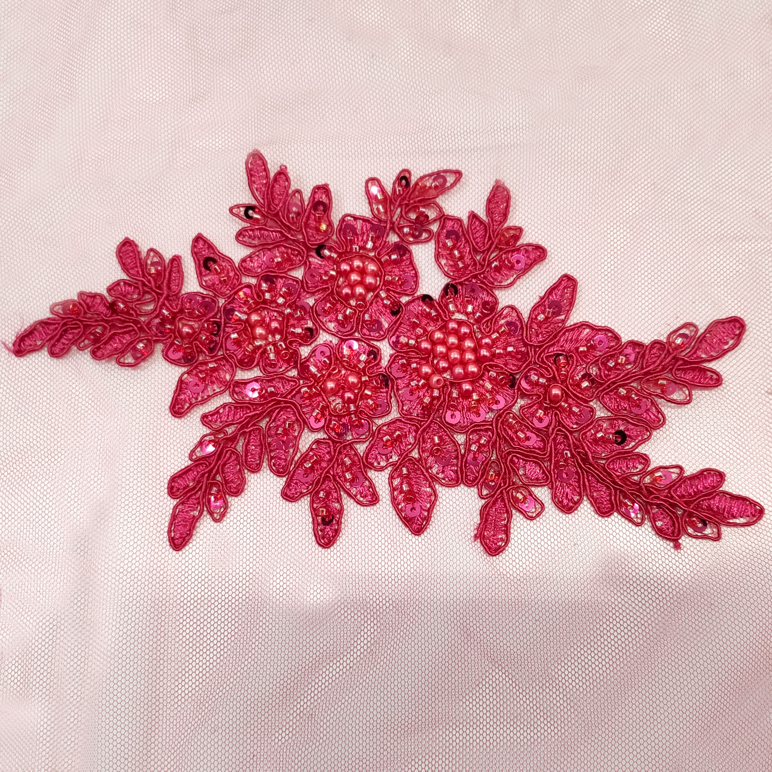 High Fashion Beaded Double Edge Floral Lace - Magenta