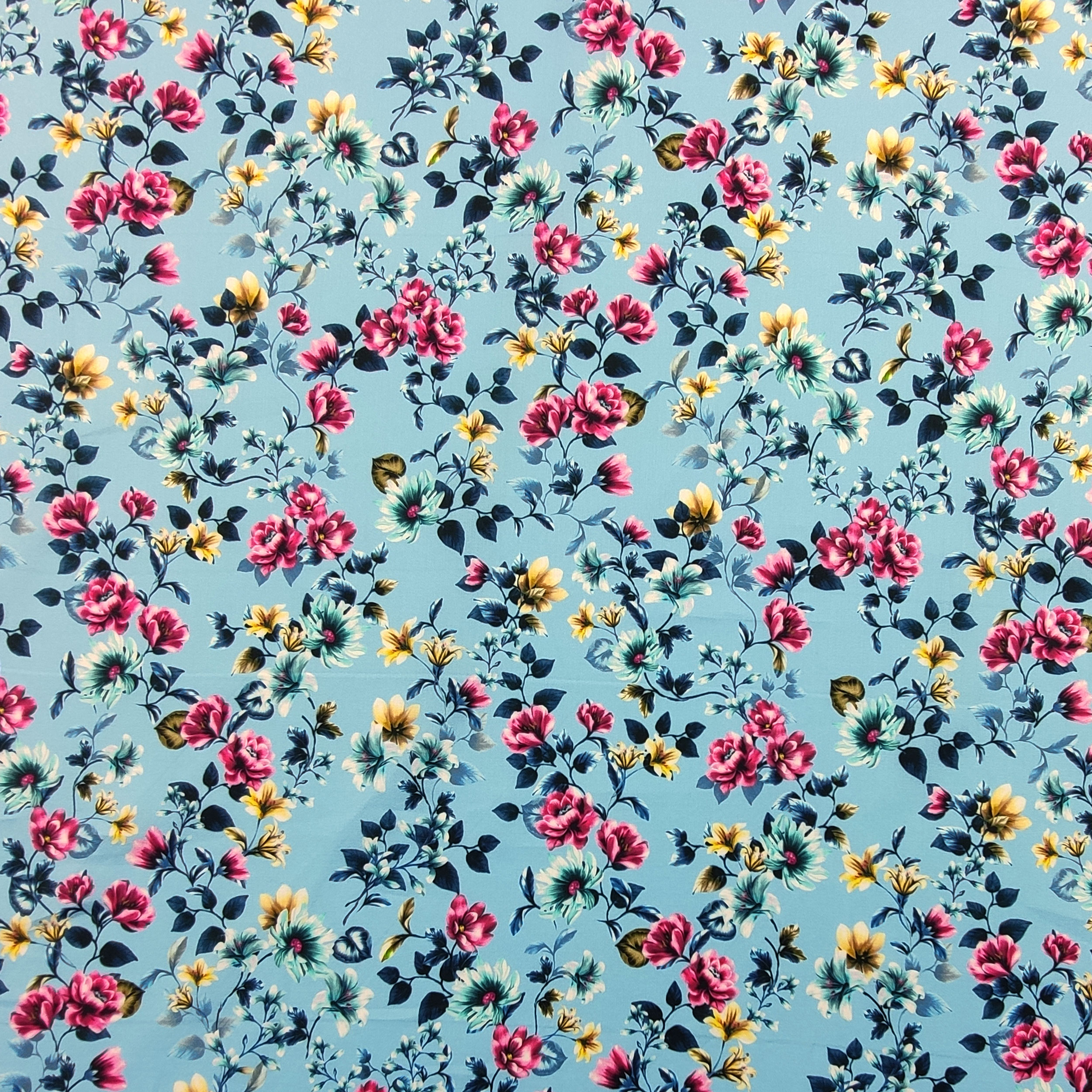 Cotton Rasatello Blue Background with Flowers Image