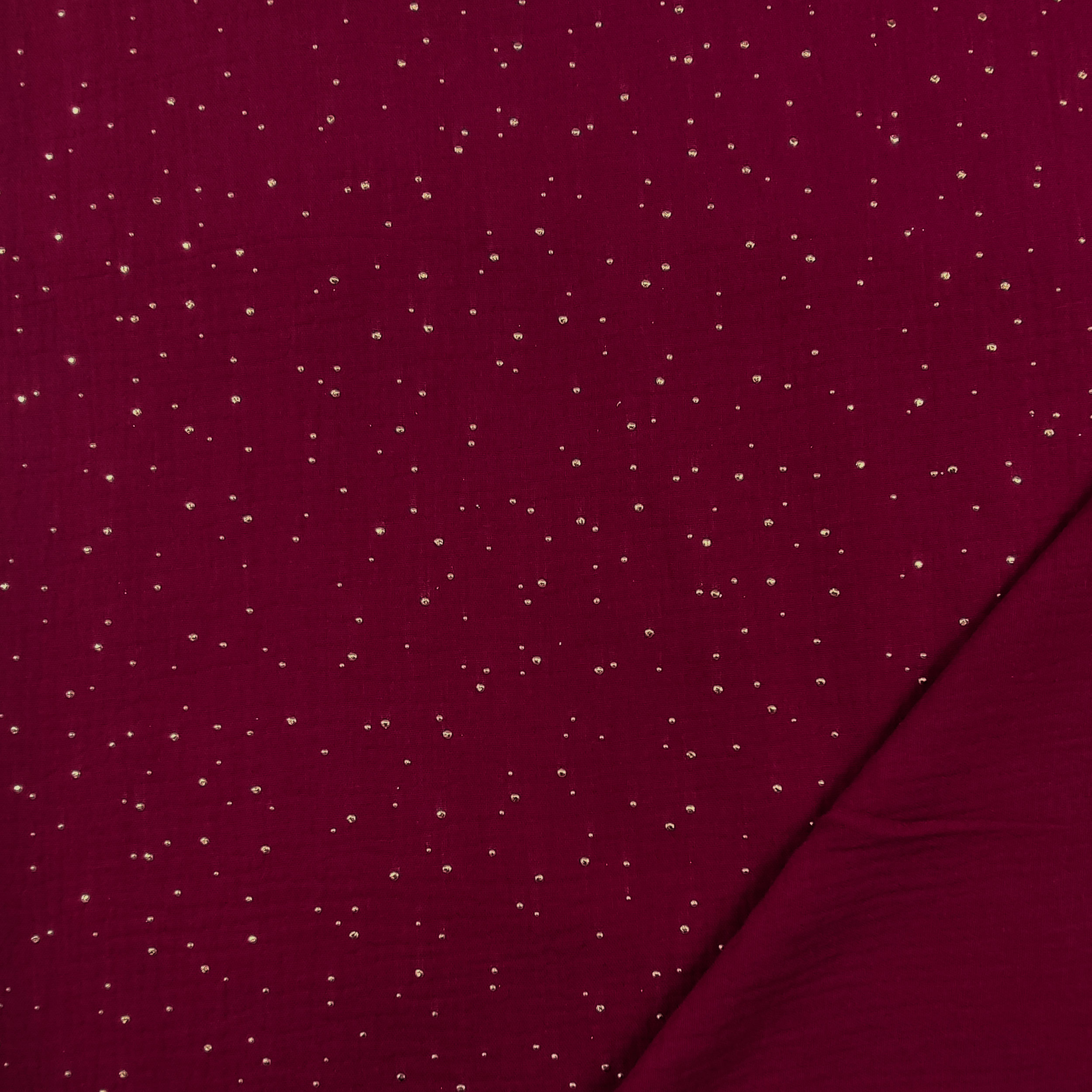 Bordeauxfarbener Baumwollmusselin mit goldenen Polka Dots