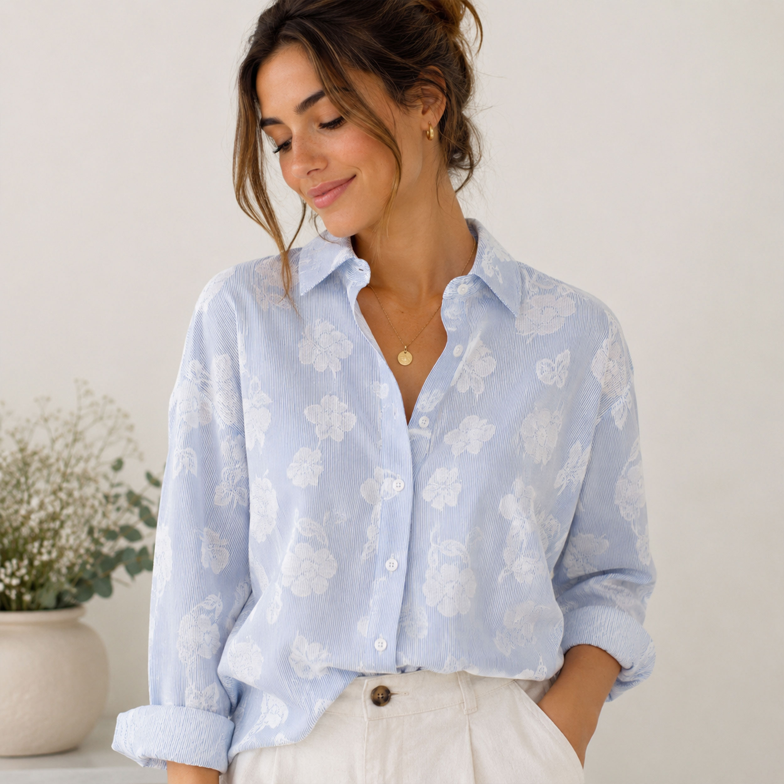 Cotton Thin Stripes and Flocked Flowers Image