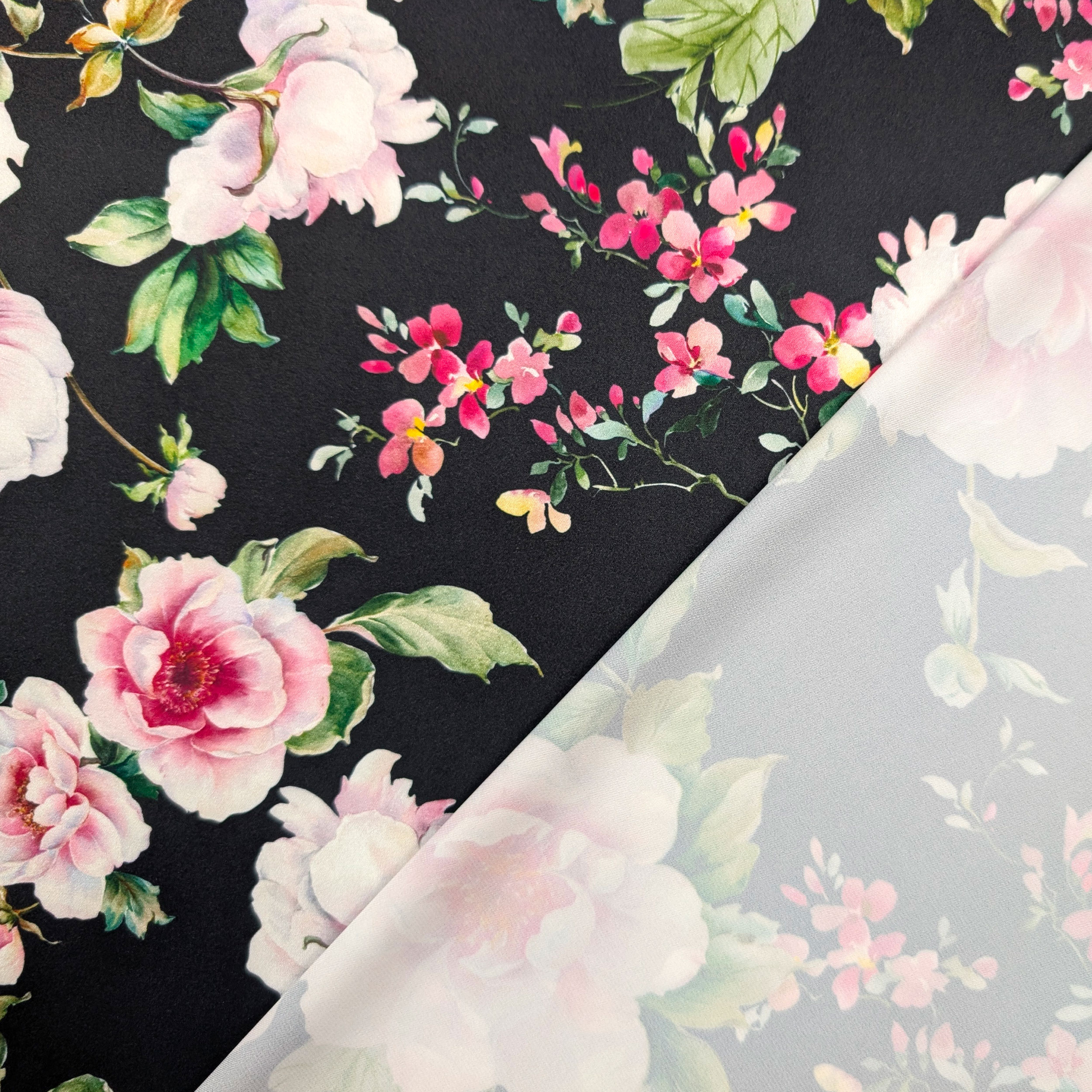 Satin Set High Fashion Pink Flowers Black Background Image