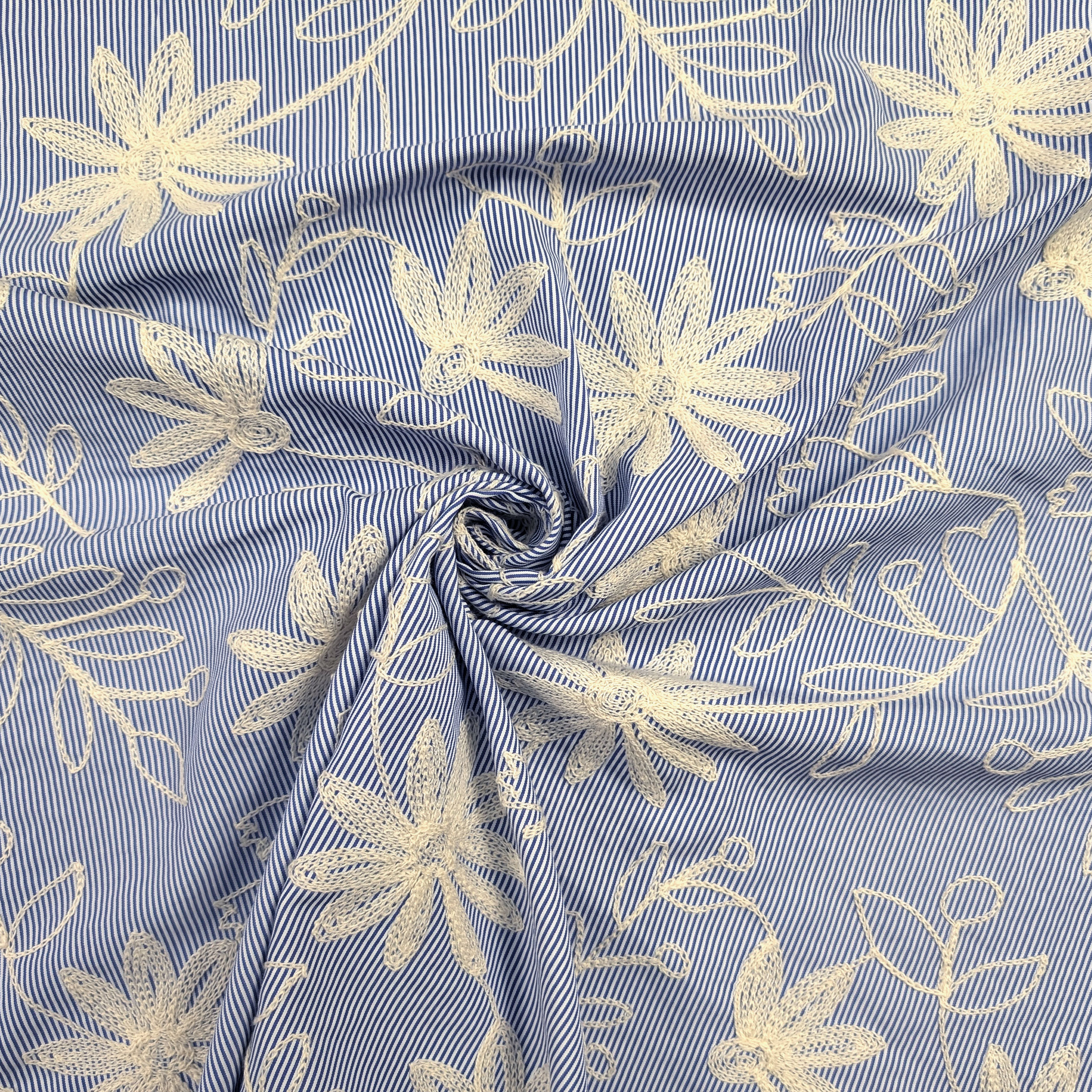 Blue Fine-Striped Cotton with Embroidered Flowers Image
