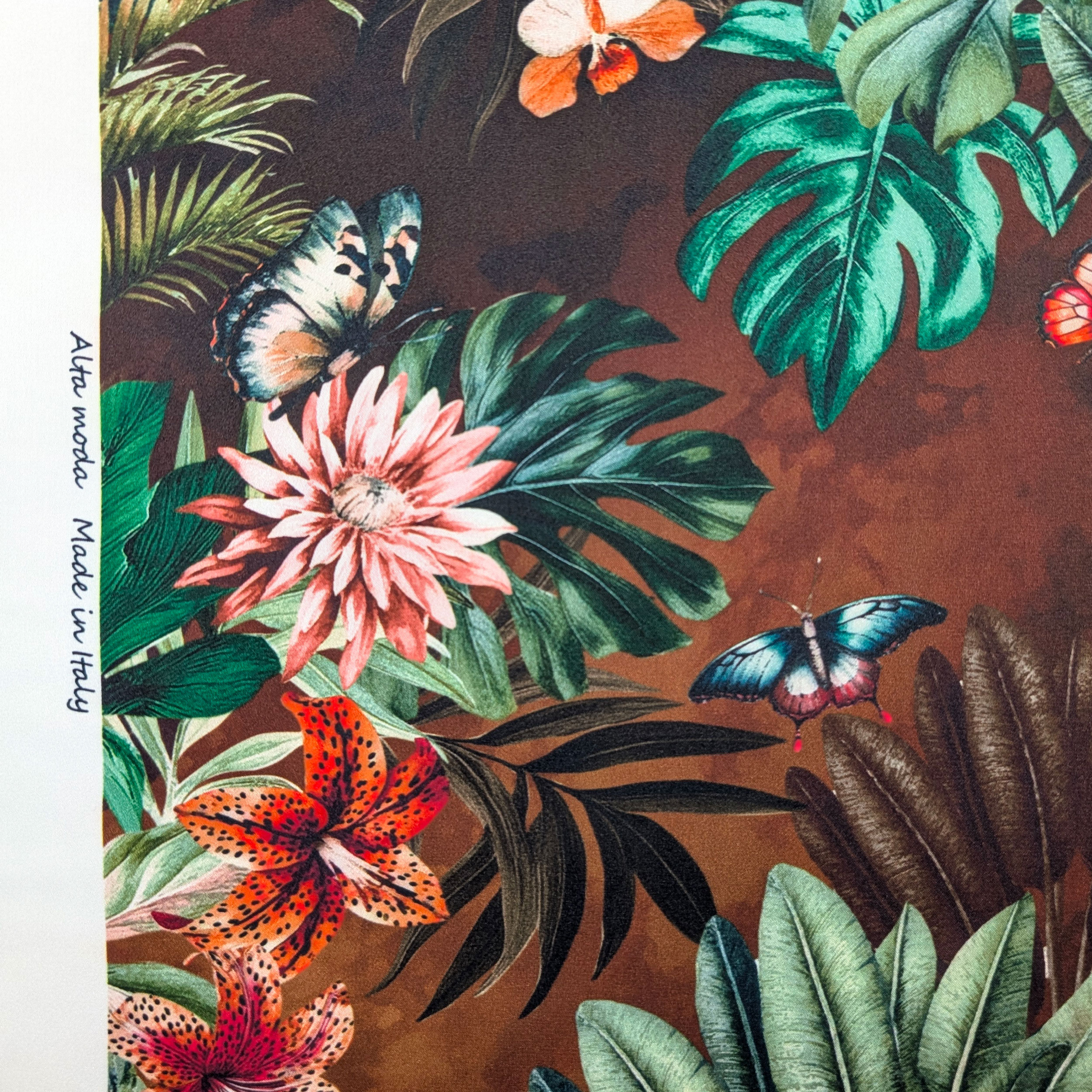 Satin Set High Fashion Brown Tropical Flowers and Leaves Image