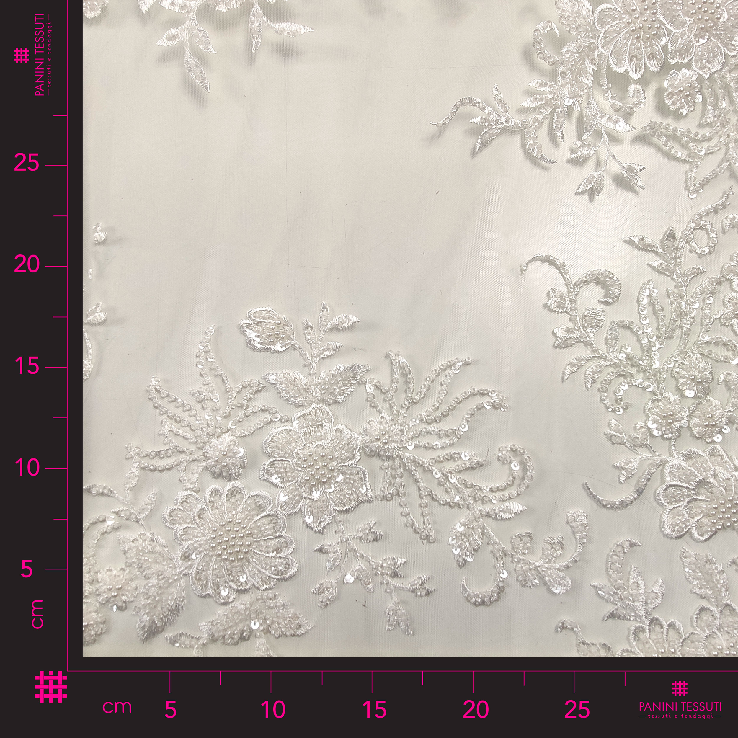 Floral Double Edge Beaded Tulle Lace - White  Image