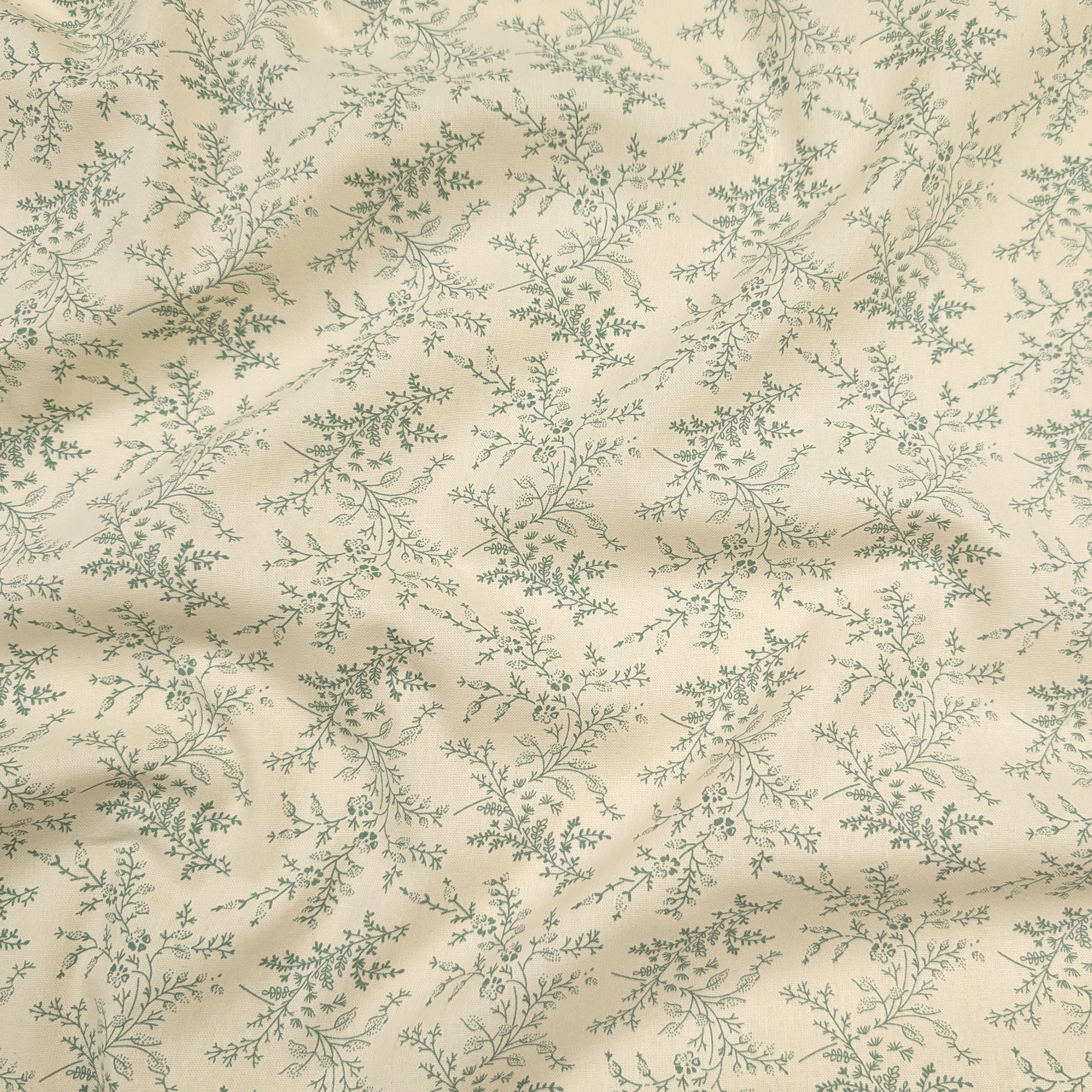 Vintage-print cotton poplin with green branches and flowers Image