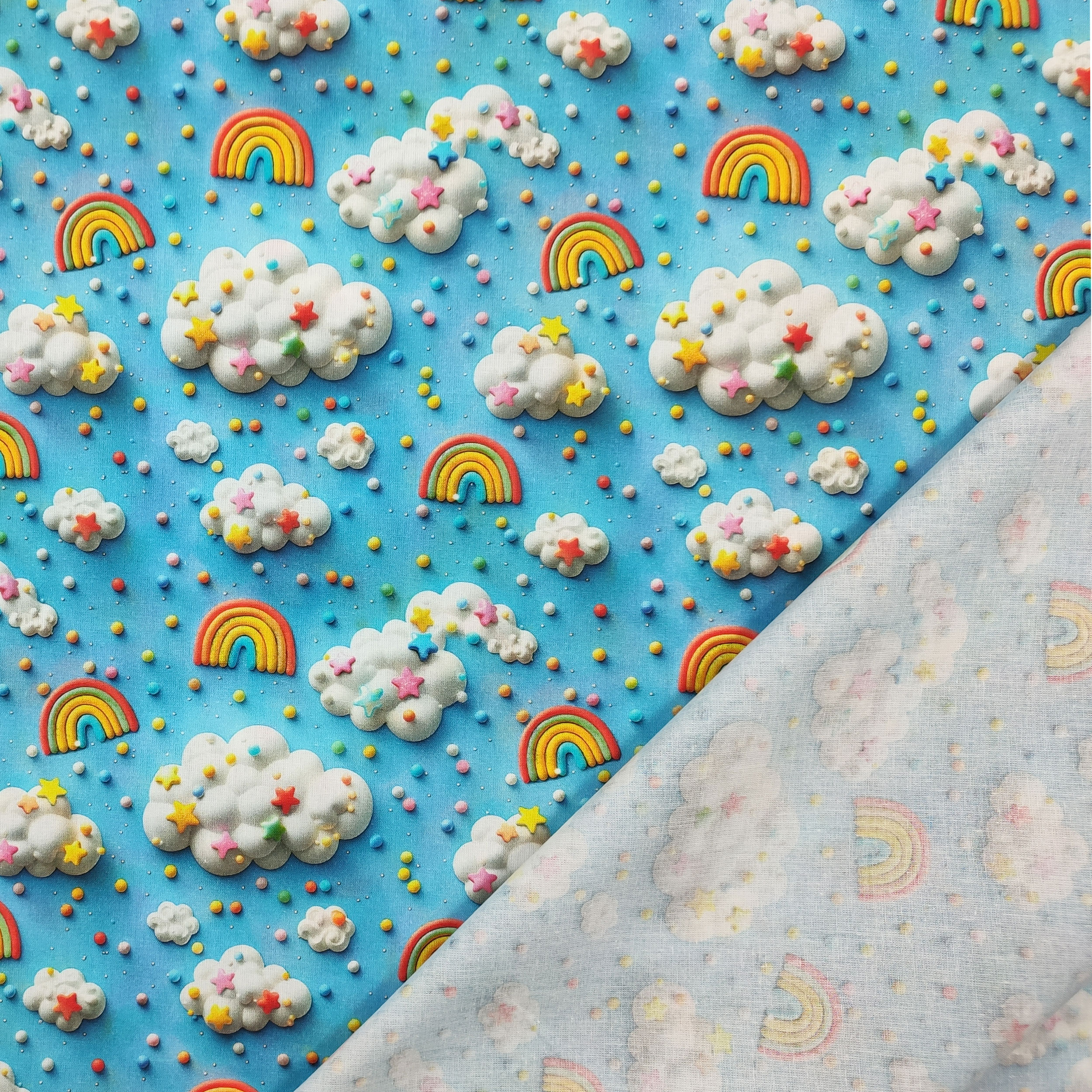 Cotton Digital Rainbows and Clouds Blue Background
