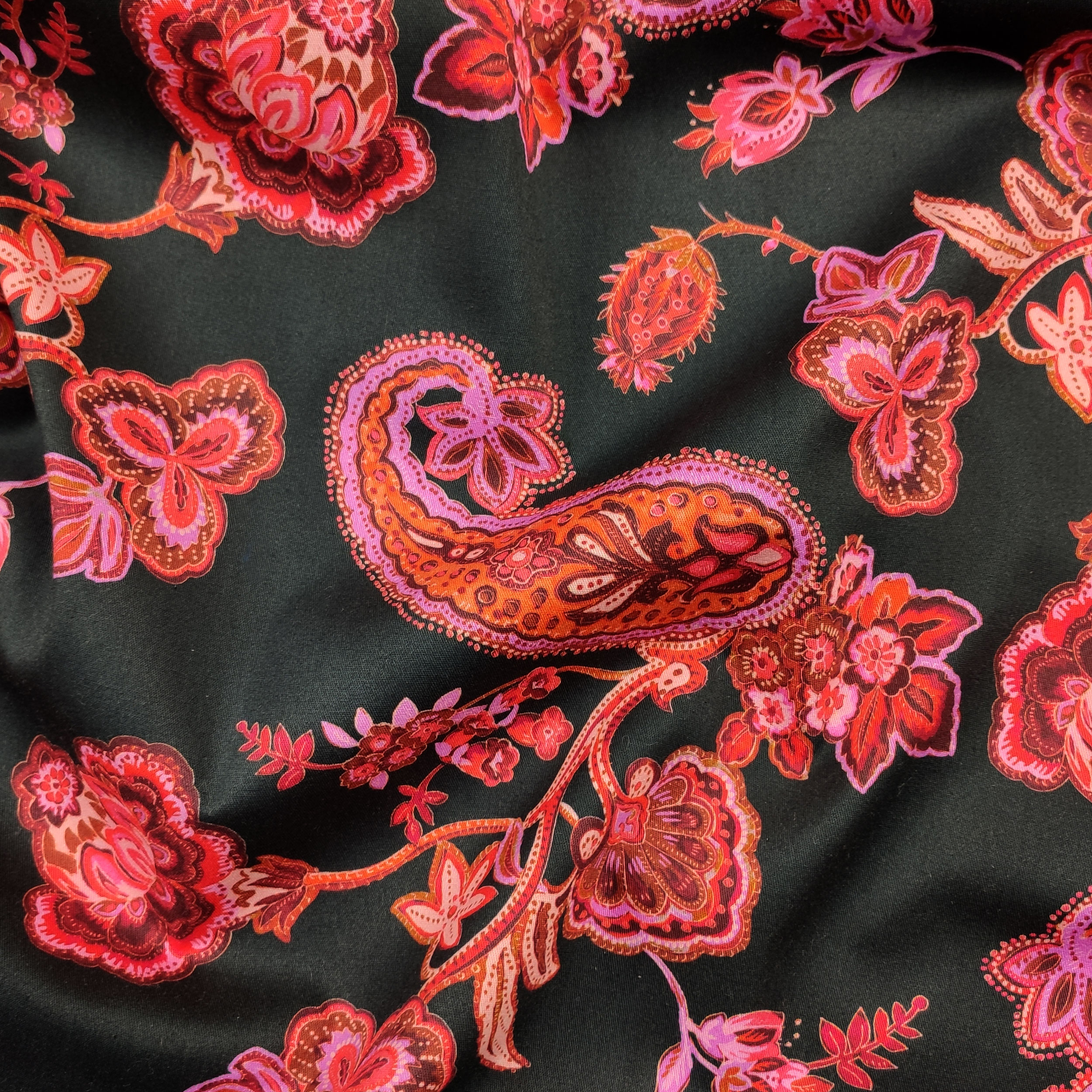 Cotton Black Cashmere Pattern Pink Tones