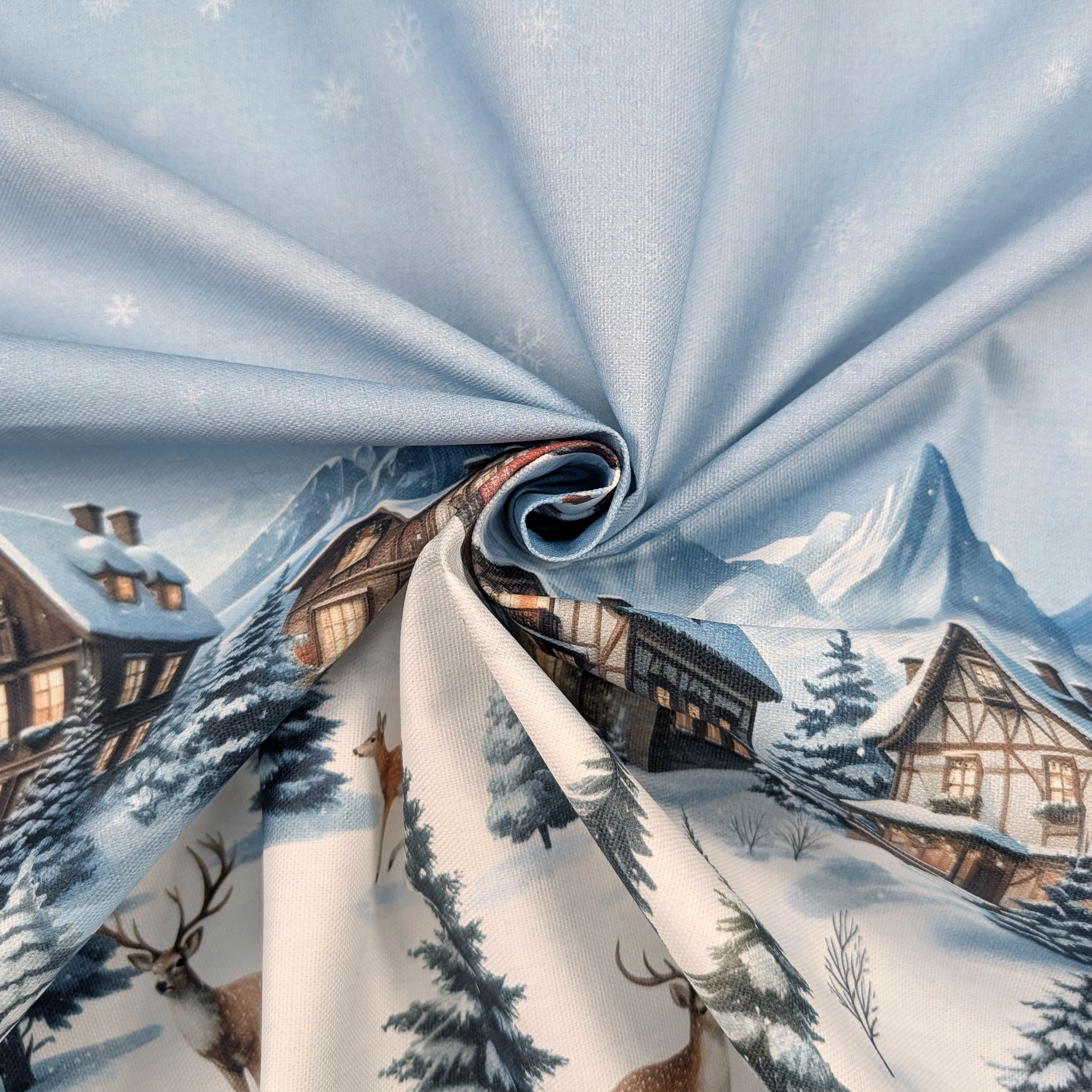 Resin Tablecloth Fabric with Snow Village Border Image
