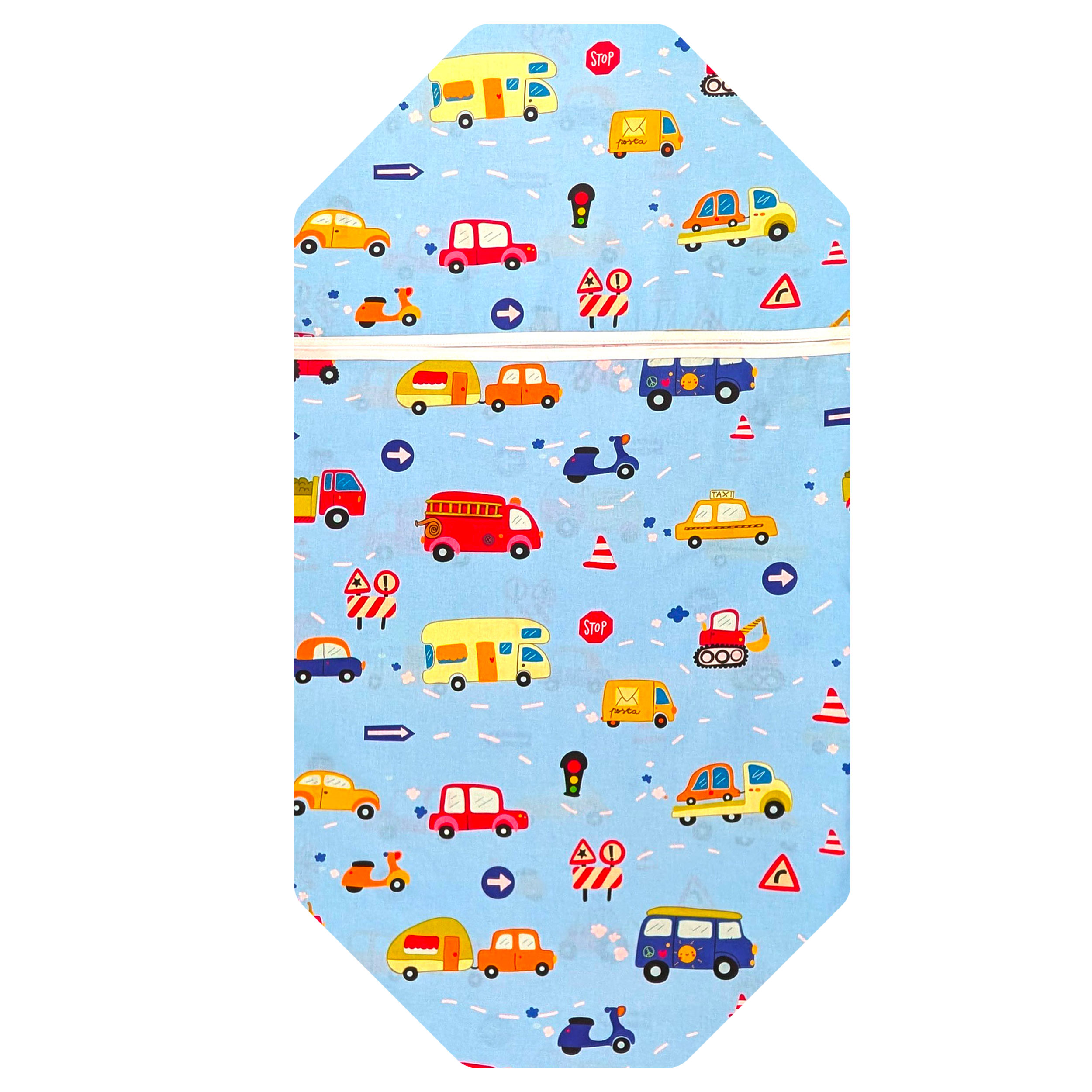 Contoured Summer Sleeping Bag for Camp Beds and Toy Cars – Light Blue Background Image