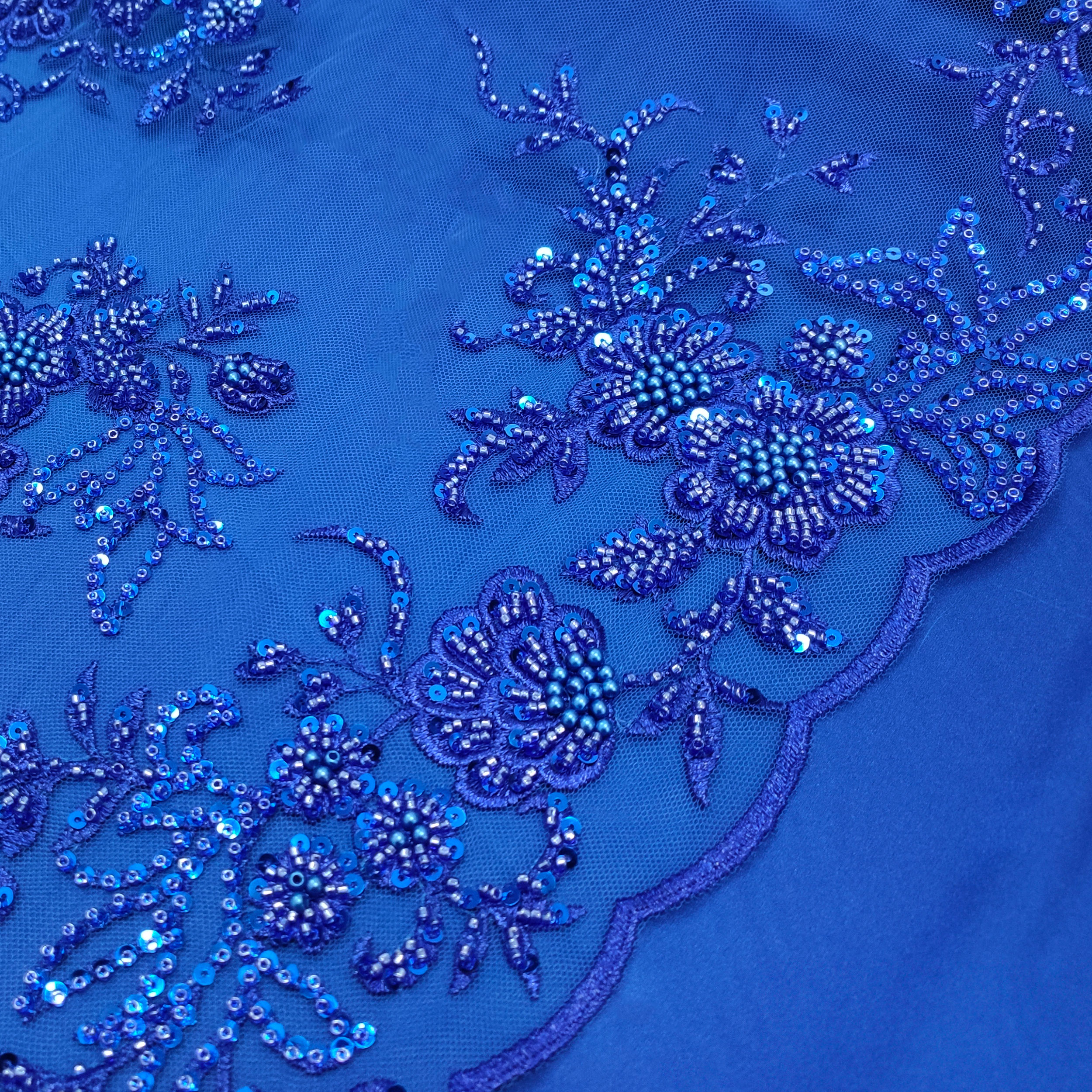 Floral Double Edge Beaded Tulle Lace - Cornflower Blue 